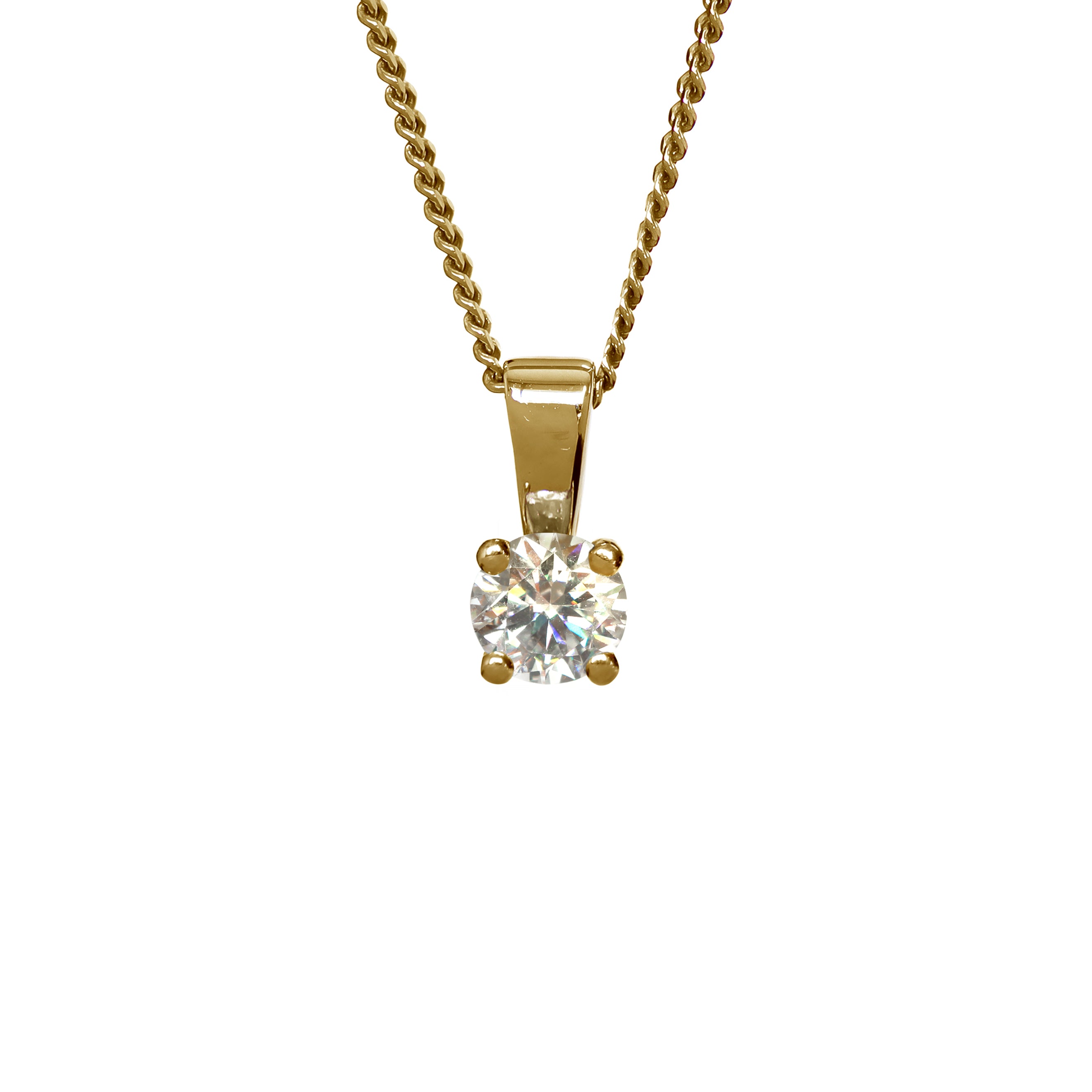 A product photo of a simple and elegant moissanite pendant in yellow gold hanging from a delicate yellow gold chain on a clear white background. The 3.5mm round-cut moissanite reflects multi-coloured light, and is held in place by 4 slim claws.