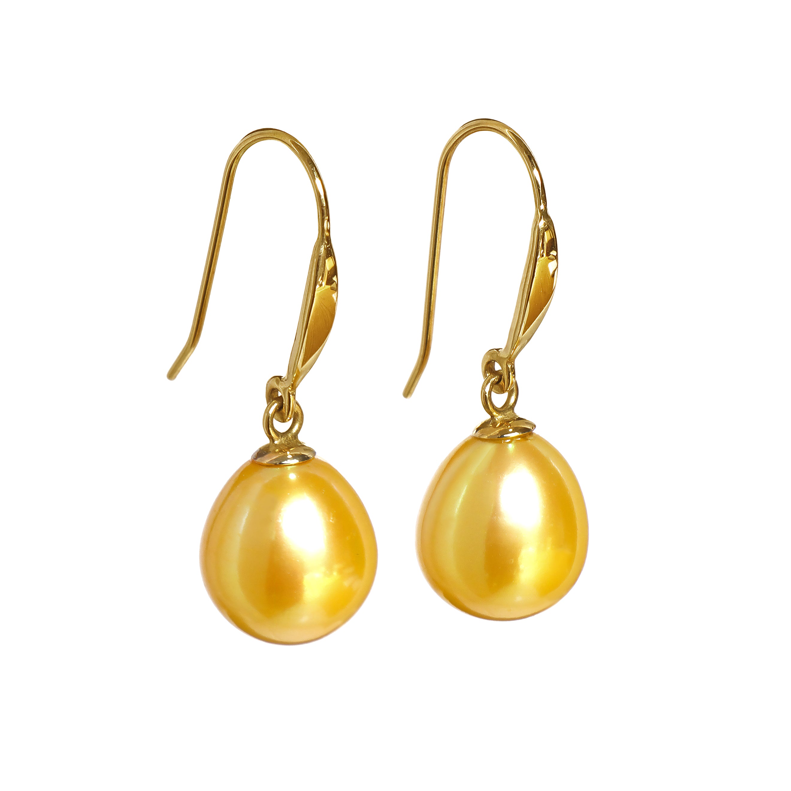 A product photo of a simple pair of yellow gold shepherd's hook earrings suspending two golden pearls over a white background.