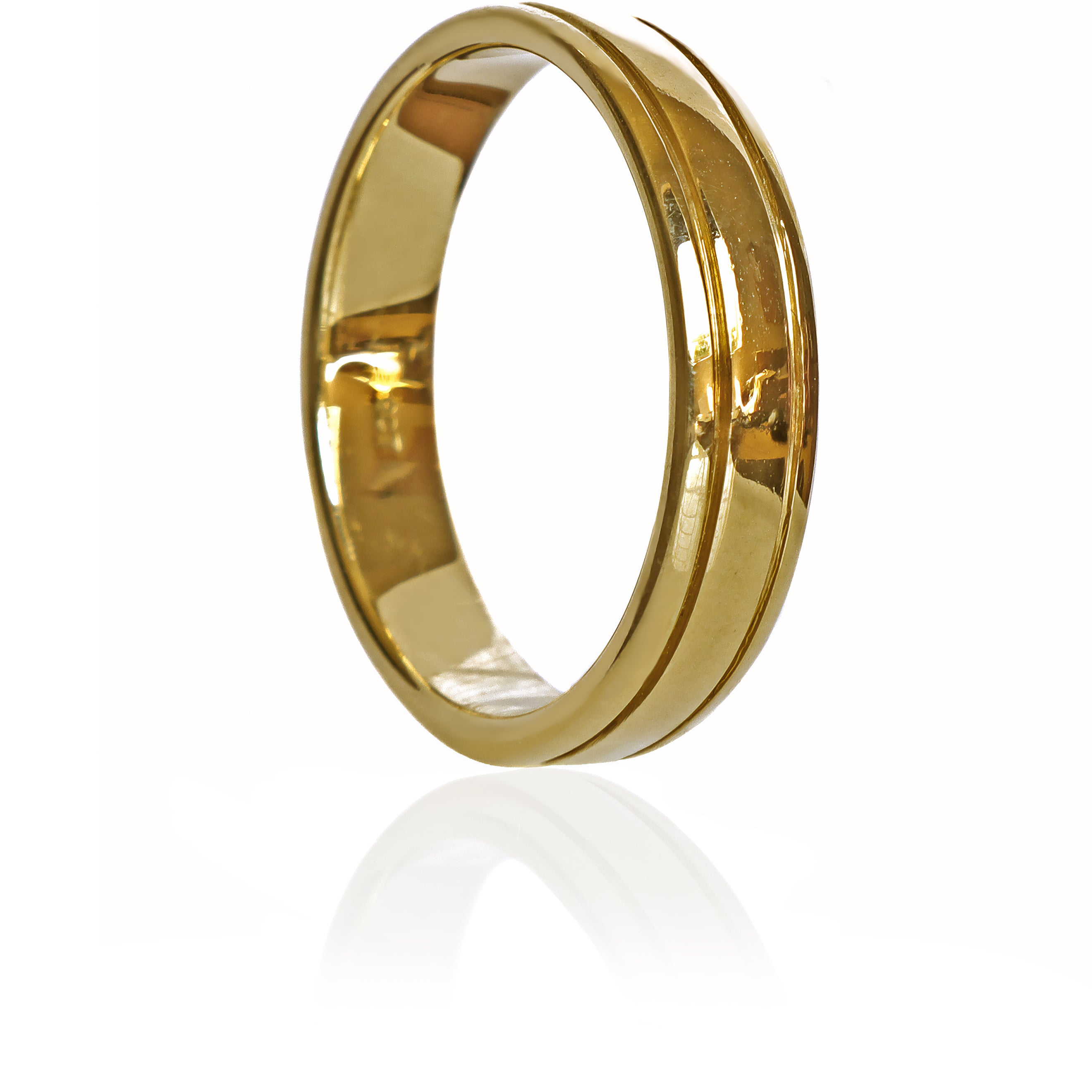 A product photo of a mens' ring made of 9k yellow gold. The band is 5mm tall and detailed with two polished grooves running along its length.