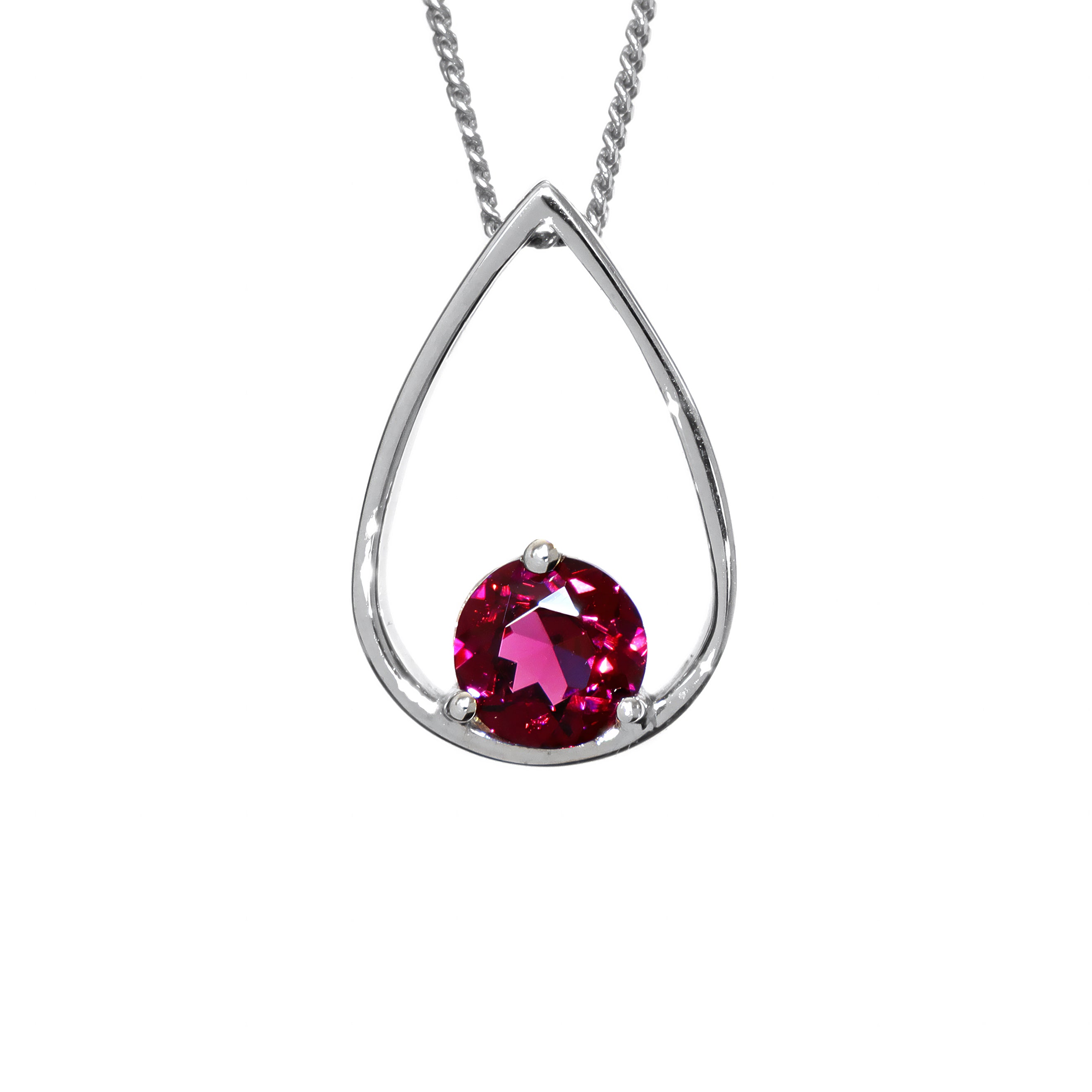 A product photo of a 9k white gold rhodalite pendant supended by a chain against a white background. The pendant's design consists of a solid 9k white gold frame in the shape of a teardrop, with a 6mm round deep purple rhodalite stone sitting at its base, held in place by 3 golden claws.