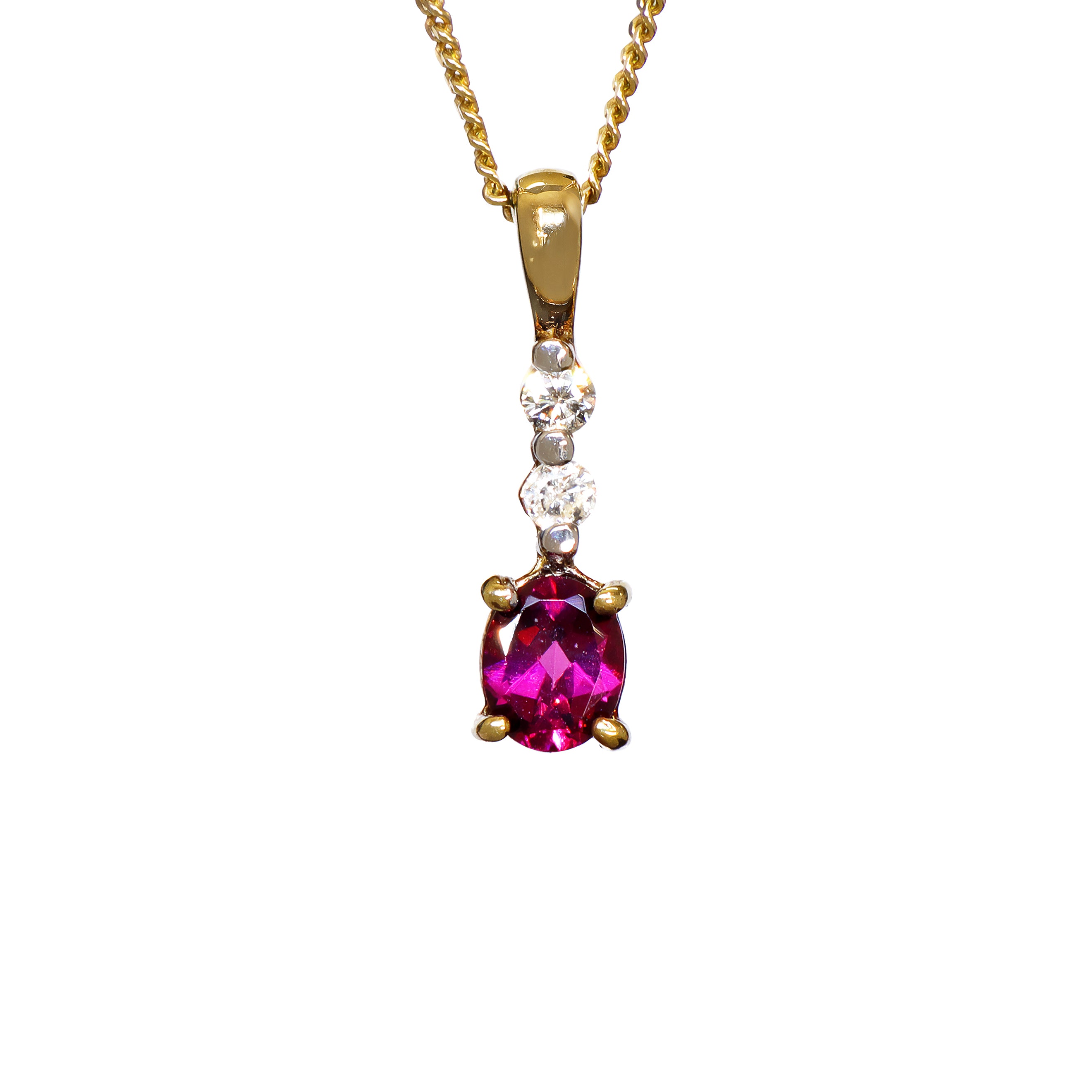A product photo of a 9k yellow gold diamond and rhodalite garnet pendant supended by a chain against a white background. The pendant is slim and delicate, consisting of 2 0.04ct round white diamonds linked together by golden claw settings, ending off with a gorgeous, oval-shaped plum rhodalite jewel as the main attraction.