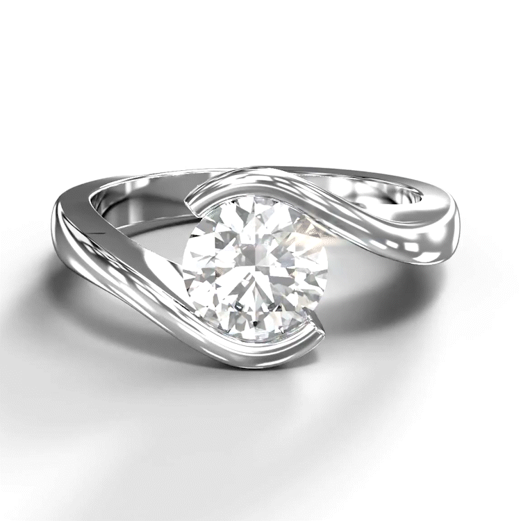 A turntable video of a 14 karat white gold lab diamond solitaire engagement ring sitting in the sun on a white textured background. The brilliant, colourless 1 carat round-cut diamond measures 6.3mm lengthwise, and is held in place by a thick white gold band that curves around the top and bottom of the stone in a tension setting.