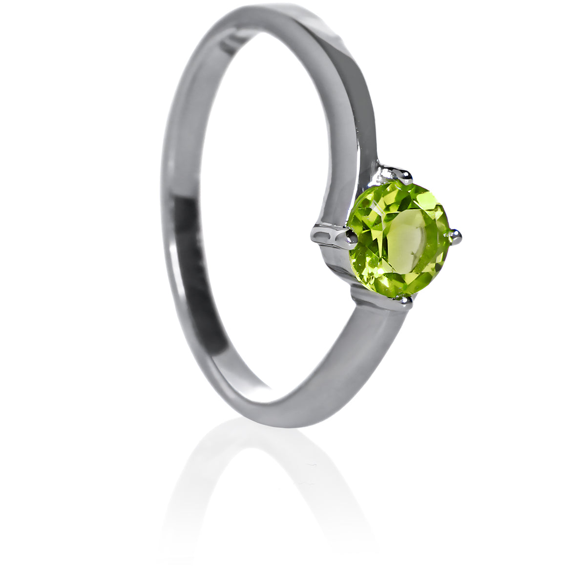 A product photo of a curved-band silver solitaire ring with a grass green peridot centre stone sitting on a white background.