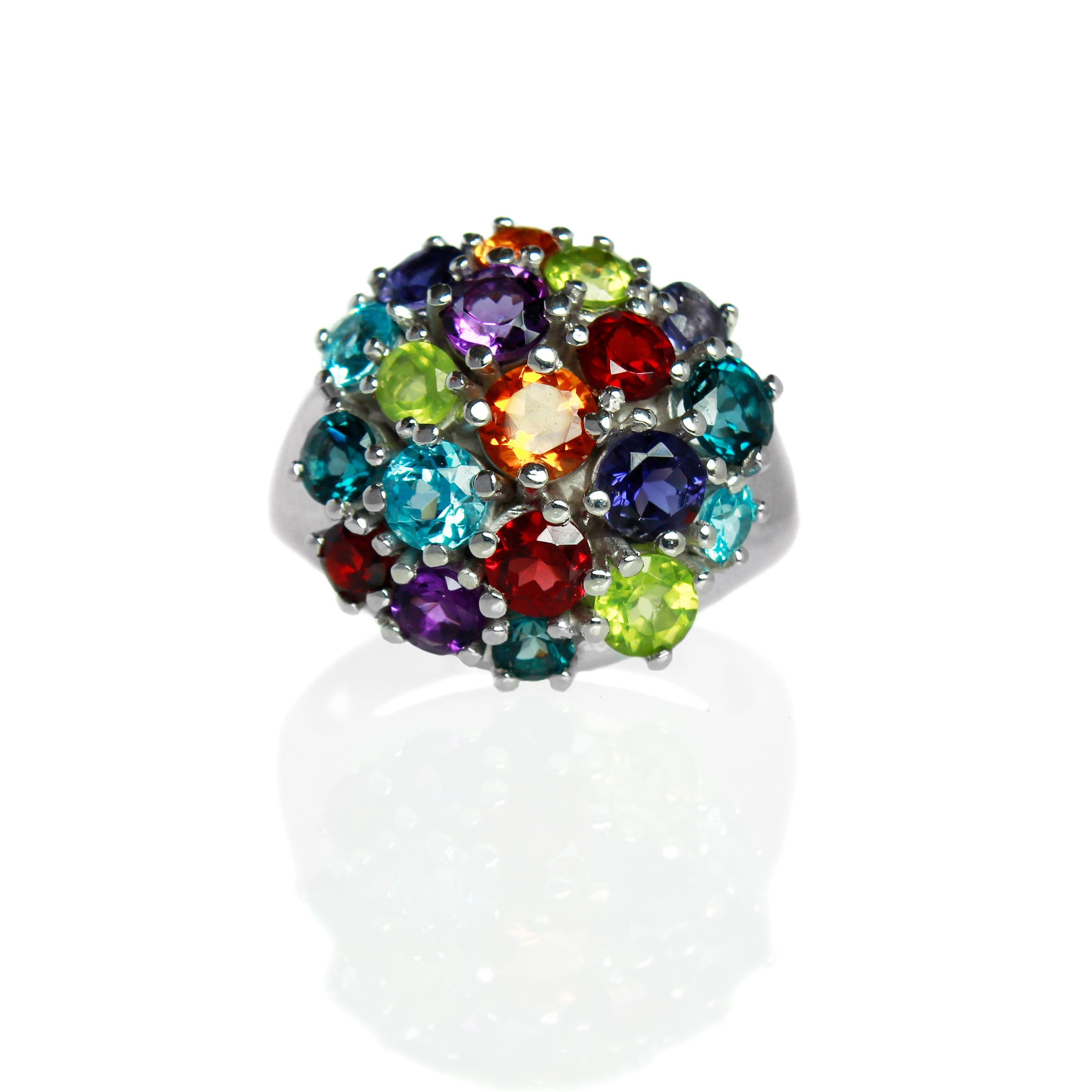 A product photo of an unconventional statement ring, featuring a basket of birthstone jewels arranged in a circular pattern of varying sizes.