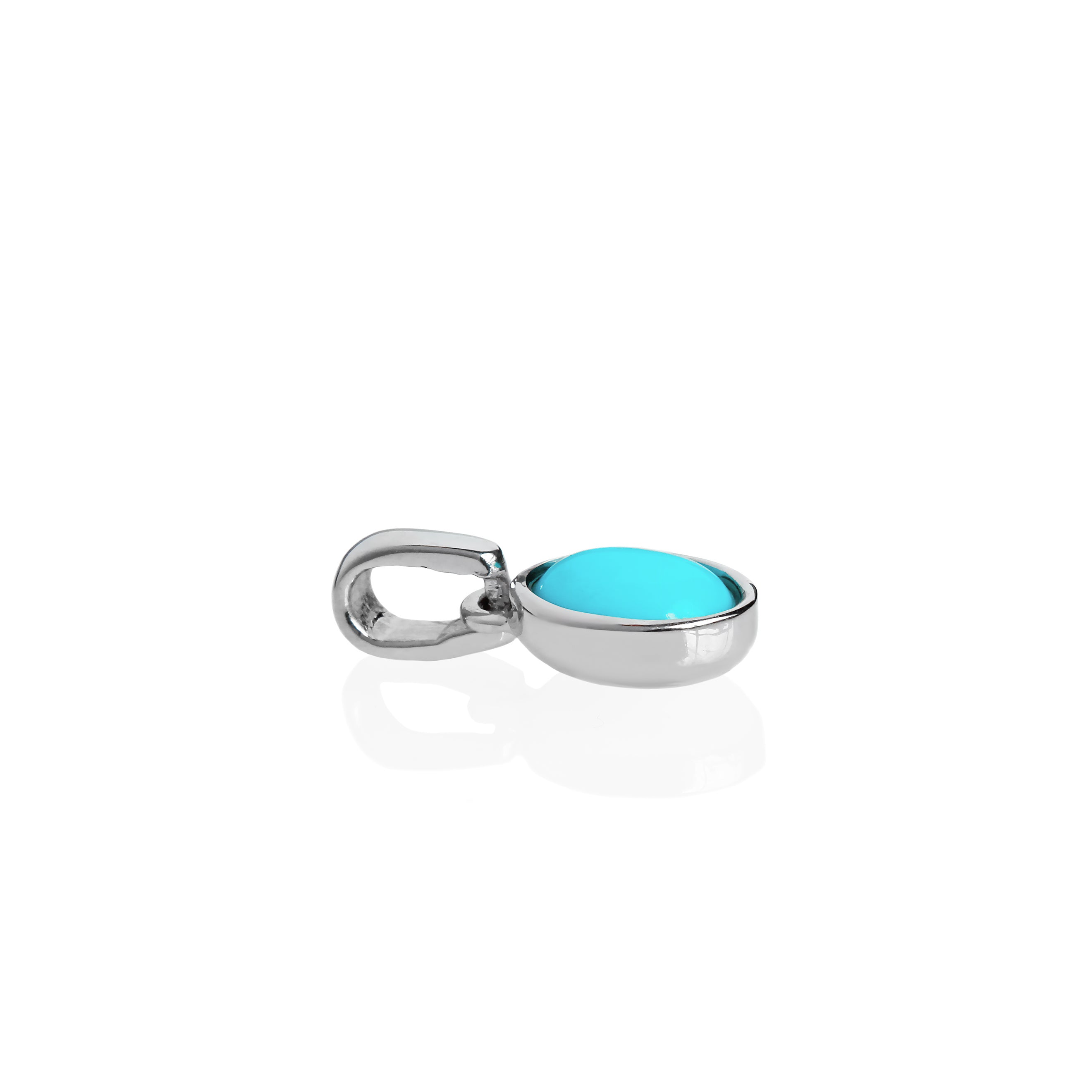 A product photo of a turquoise silver pendant suspended by a silver chain over a white background. The pendant consists of a singular 7x5mm oval cabochon-cut gem encased in a layer of silver bezel setting. The blue turquoise stone hails straight from the Sleeping Beauty mountains of Arizona.