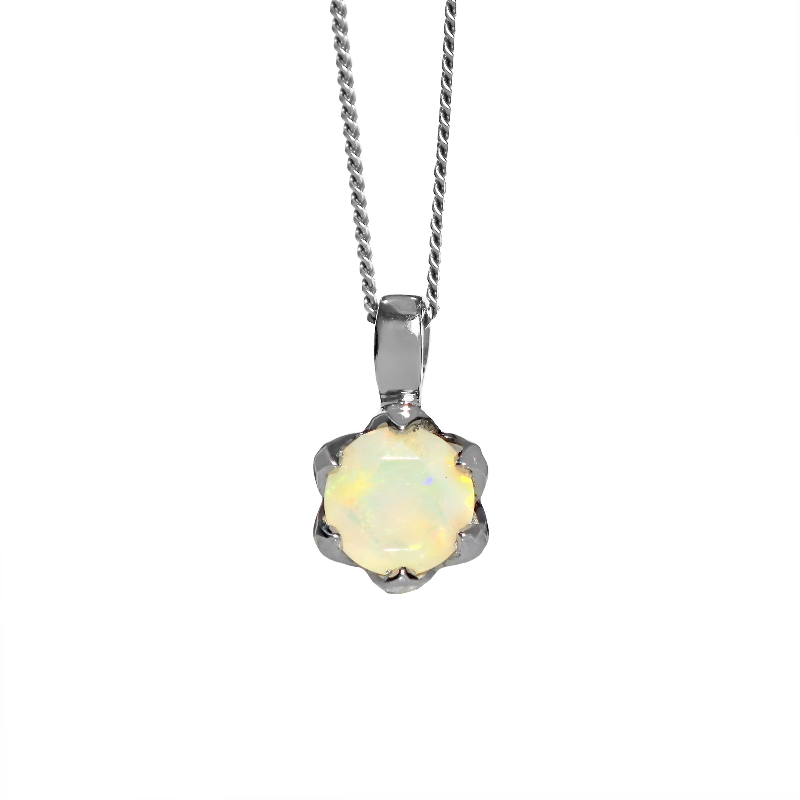A product photo of a 7mm round Ethiopian rainbow opal pendant in 925 sterling silver suspended by a gold chain against a white background. The stone is held in place by 6 delicate silver claws.