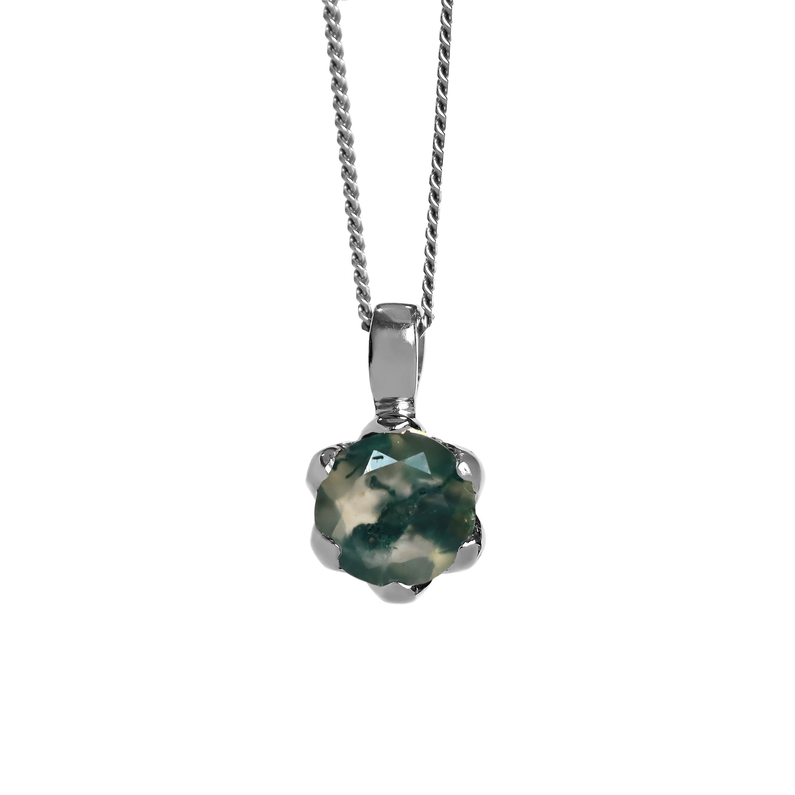 A product photo of a 7mm round moss agate pendant in 925 sterling silver suspended by a gold chain against a white background. The stone is held in place by 6 delicate silver claws. The 7mm round moss agate stone has light semi-opaque base colouring and swirling, dendritic tendrils of deep green and black inclusions