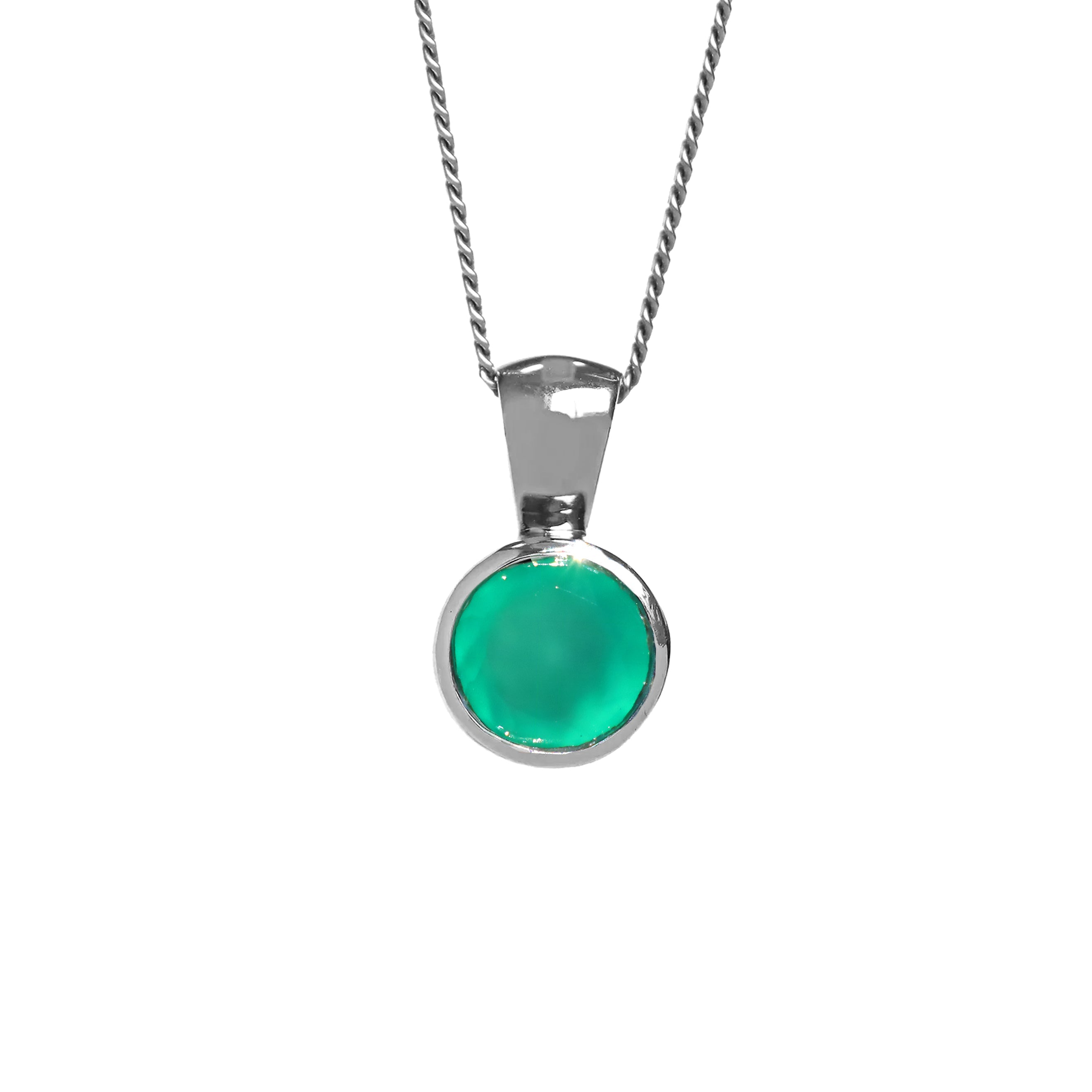 A product photo of a round green onyx pendant in a silver bezel setting hanging by a chain over a white background.