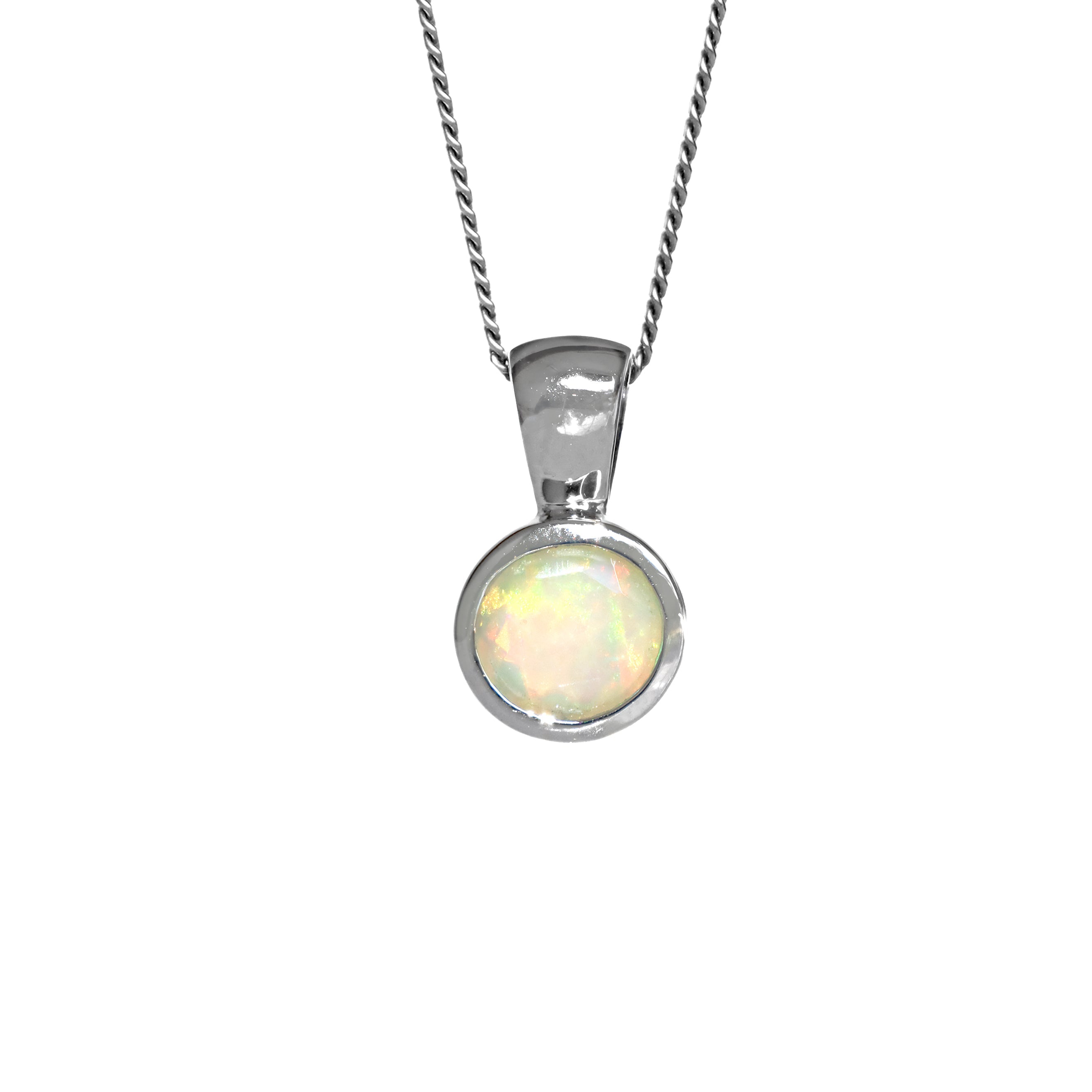 A product photo of a round Ethiopian rainbow opal pendant in a silver bezel setting hanging by a chain over a white background.