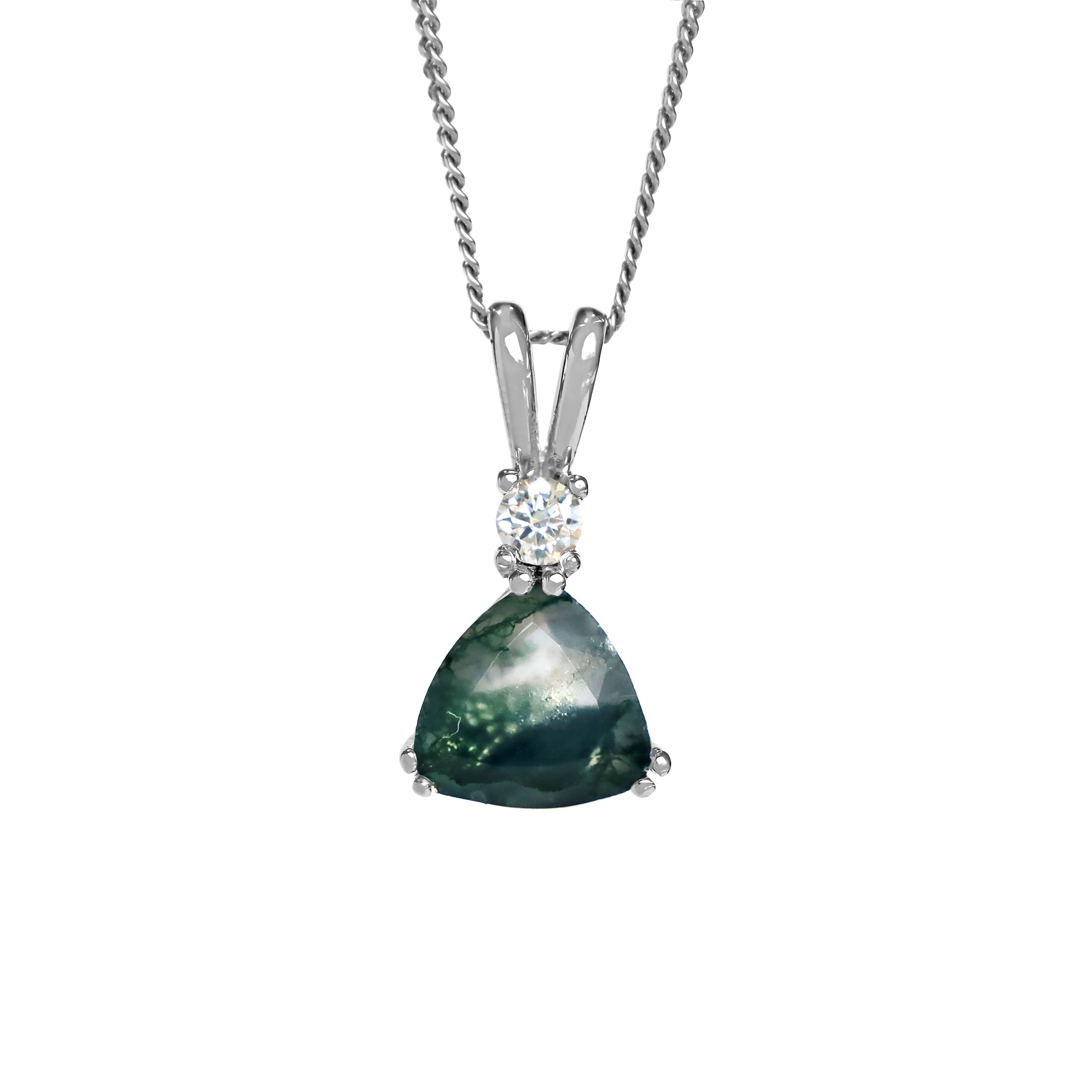 A product photo of a 925 sterling silver moss agate and moissanite necklace suspended against a white background. The beautifully unique trilliant moss agate stone is held in place by 2 claws on each corner, with a singular sparkling moissanite connecting the stone to pendant's split bail.