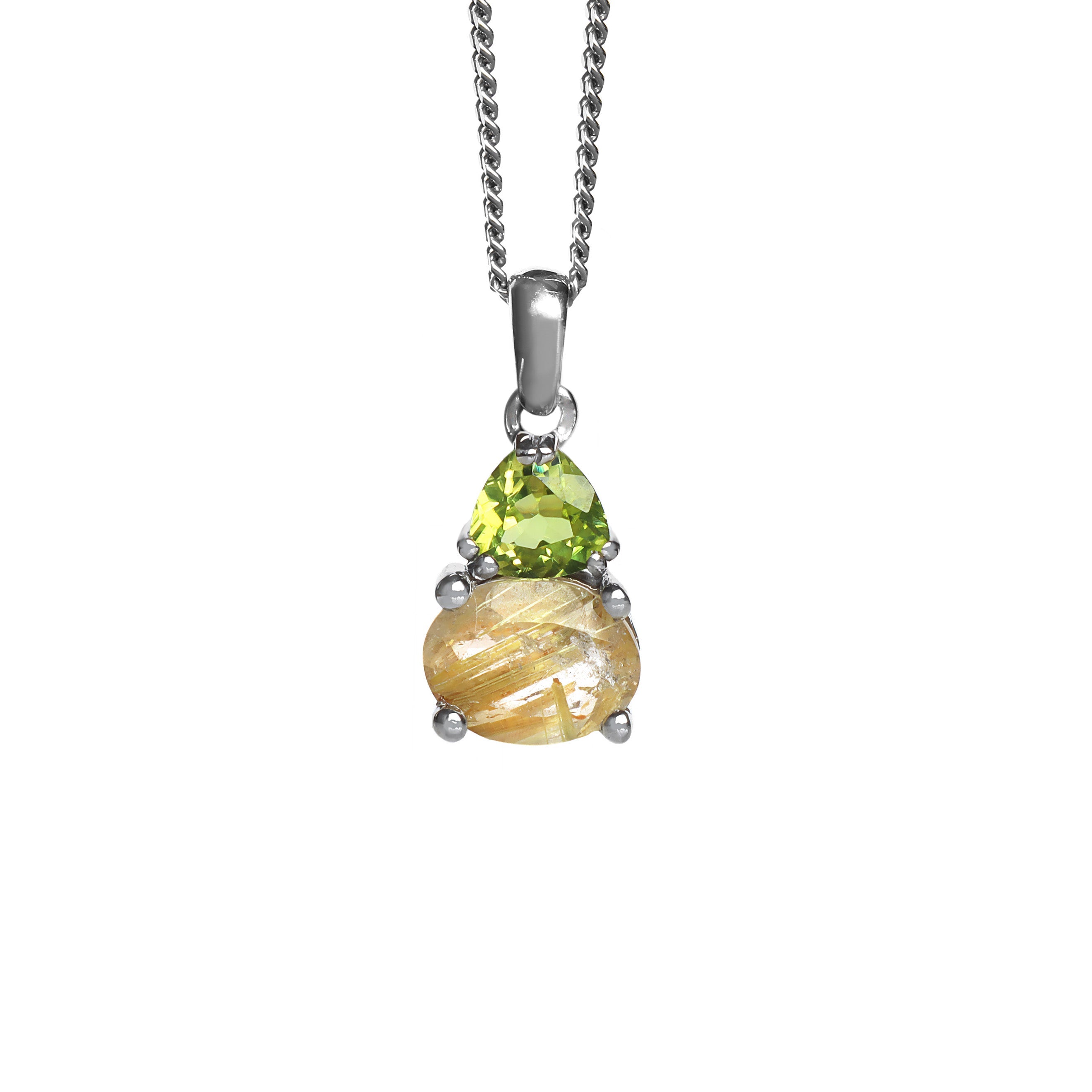A product photo of a silver golden rutiliated quartz and peridot necklace suspended against a white background. The horizontally-oriented golden rutiliated quartz stone is held in place by 4 pairs of claws at its top and bottom, with a 5mm green peridot gem connecting the stone to the rest of the pendant. It is suspended by a simple silver chain.