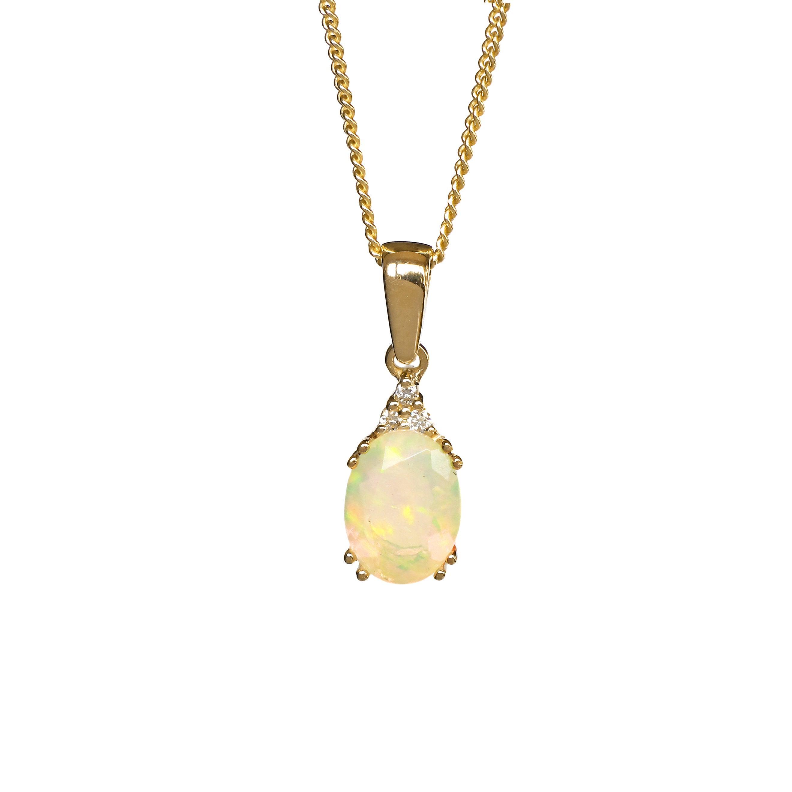 A product photo of a yellow gold hydrophane Ethiopian rainbow opal and diamond necklace sitting against a white background. The beautifully unique rainbow opal stone is held in place by 4 pairs of claws at its top and bottom, with a trio of delicate white diamonds connecting the stone to the rest of the pendant. It is suspended by a simple yellow gold chain.