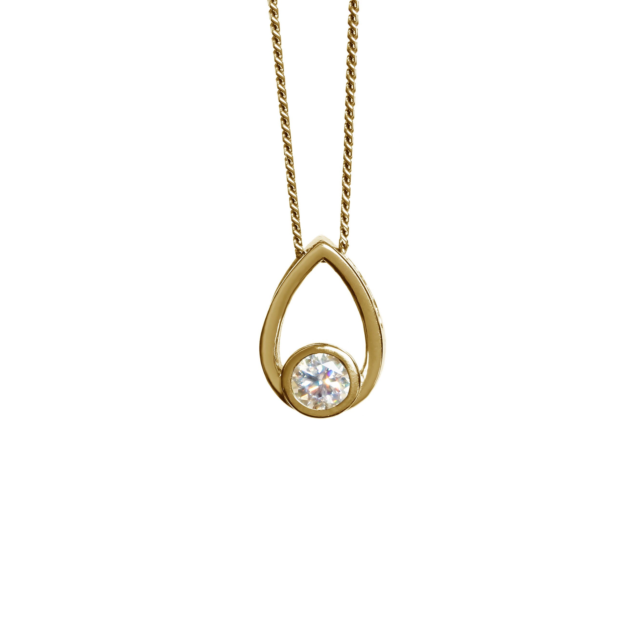 A product photo of a moissanite pendant in yellow gold sits on a clear white background. The pendant is in the shape of a small teardrop, with a petite gold-encased circle-cut moissanite gem nestled at its base. The yellow gold teardrop is smooth and unblemished.