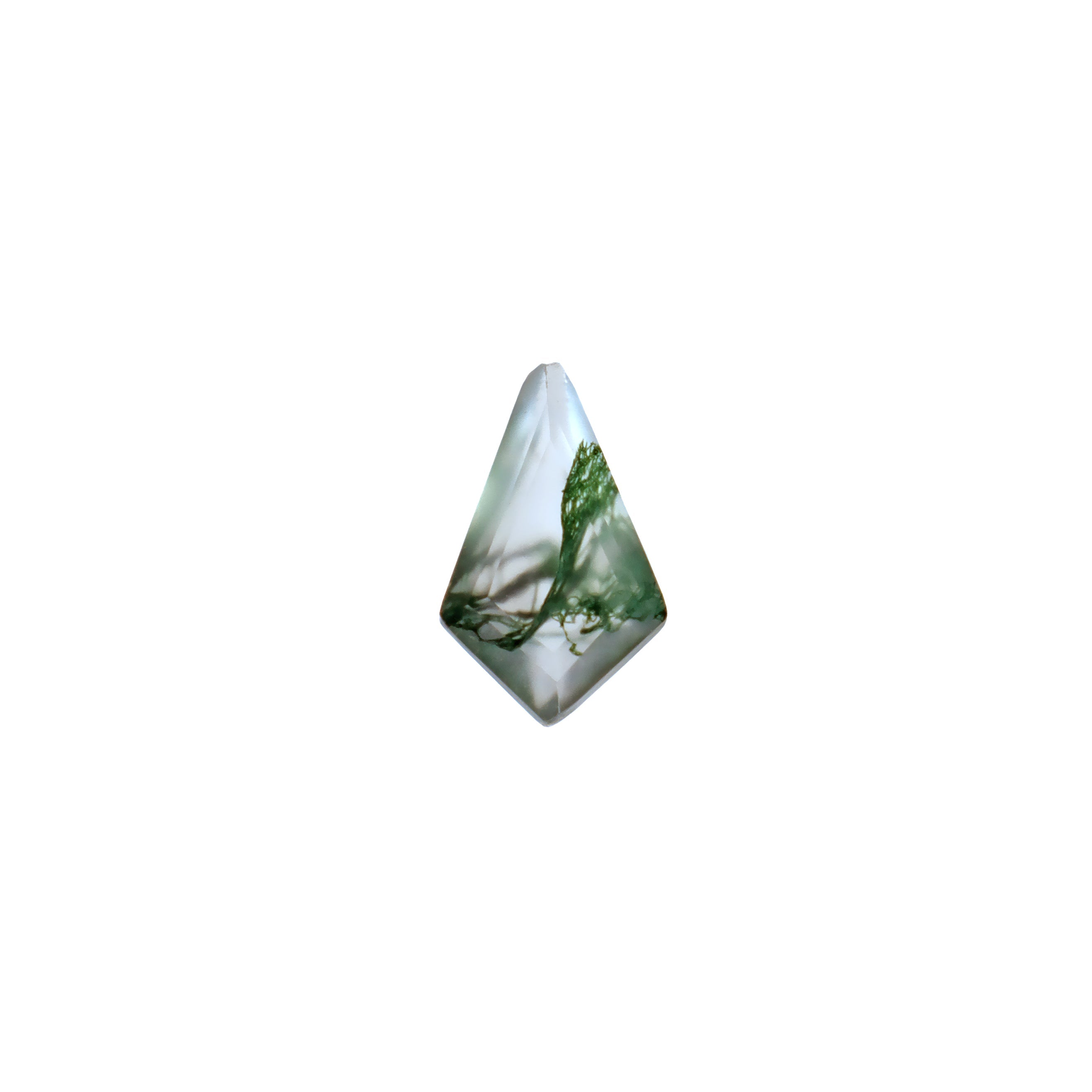 A unique 10x6mm Faceted Kite-Shaped Moss Agate on a white background. An exquisite natural loose gemstone featuring vibrant, forest green moss-like dendritic inclusions. Ideal for contemporary designs, perfect for Art Deco revival designs, geometric jewellery, side stones, or as a focal point in custom engagement rings. Perfect for lovers of nature and shoppers with alternative taste. A highly popular shape, preferred by bespoke engagement clients.