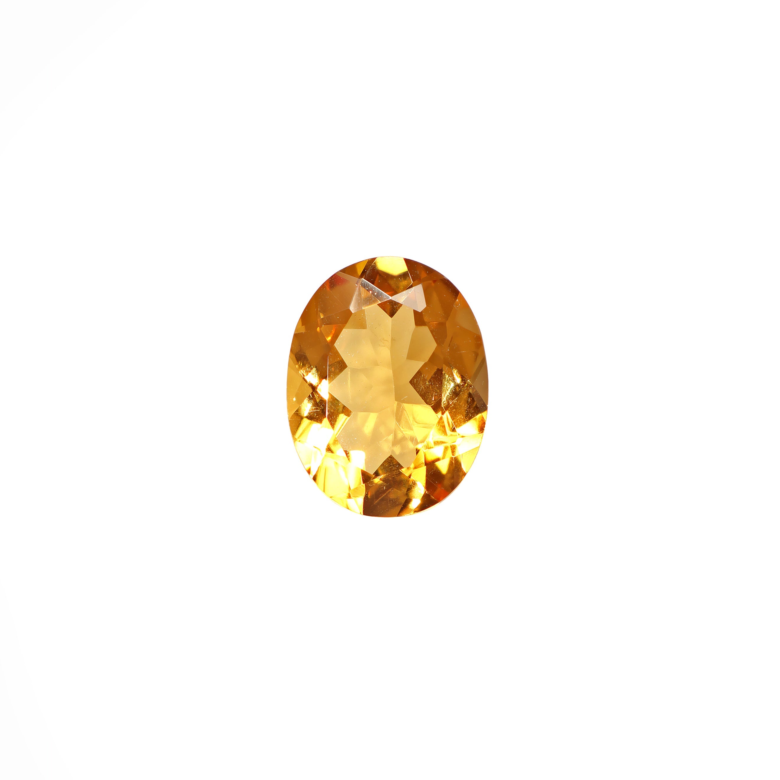 A loose 13x10mm oval citrine gemstone on a white background. This brilliant, golden-yellow citrine, November's birthstone, is perfect for creating custom fine jewellery: including engagement rings, cocktail rings, or a striking birthstone pendant for a loved one born in November. The size is large, but small enough for use in everyday wearable jewellery - and is not limited to statement designs.