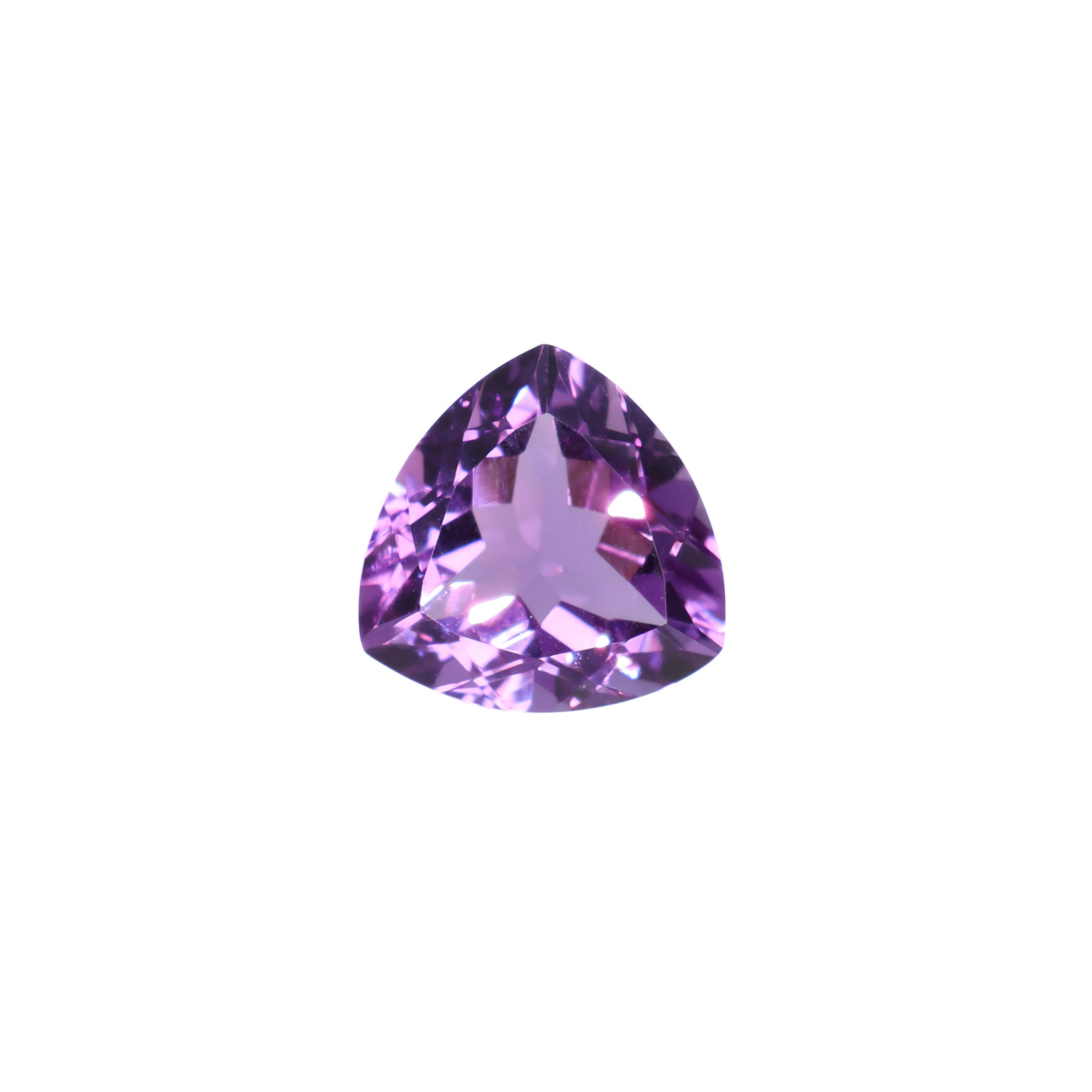 A stunning 12mm trilliant cut amethyst gemstone on a white background, featuring a rich, natural lavender purple hue. This beautifully-faceted trillion February birthstone, is ideal for bespoke jewellery design, or as a gift to those with a February birthday.