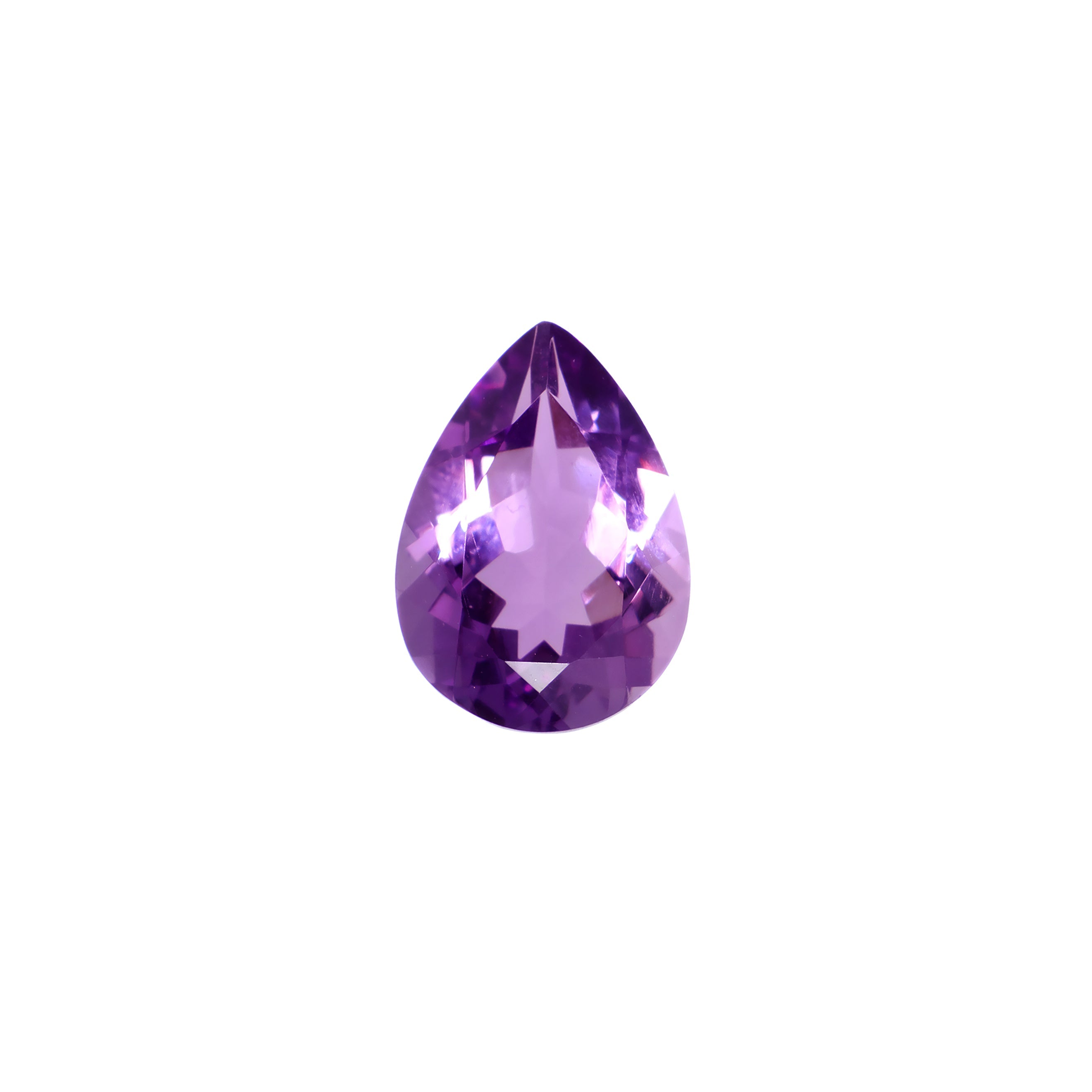 A stunning 14x10mm pear cut dark purple amethyst gemstone on a white background, featuring a rich, natural vibrant royal purple hue. This beautifully-faceted amethyst pear, also known as the February birthstone, is ideal for bespoke jewellery design, or as a gift to those with a February birthday.