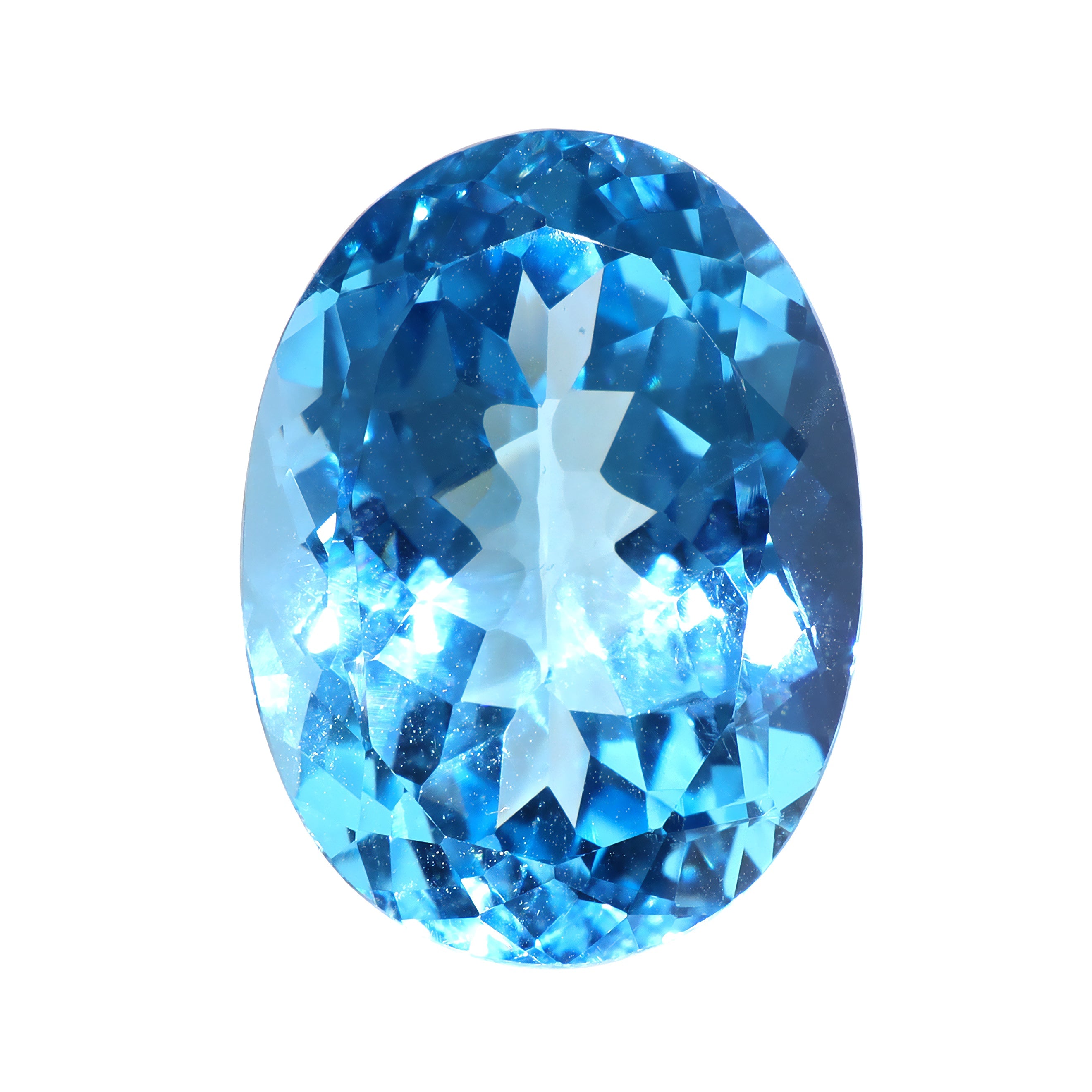 A stunning 21.6 x 16.1 x 10.5mm oval cut Swiss blue topaz gemstone on a white background, featuring a rich, natural saturated blue hue. This beautifully-faceted blue topaz oval, also known as the November birthstone, is ideal for bespoke jewellery design, or as a gift to those with a November birthday.