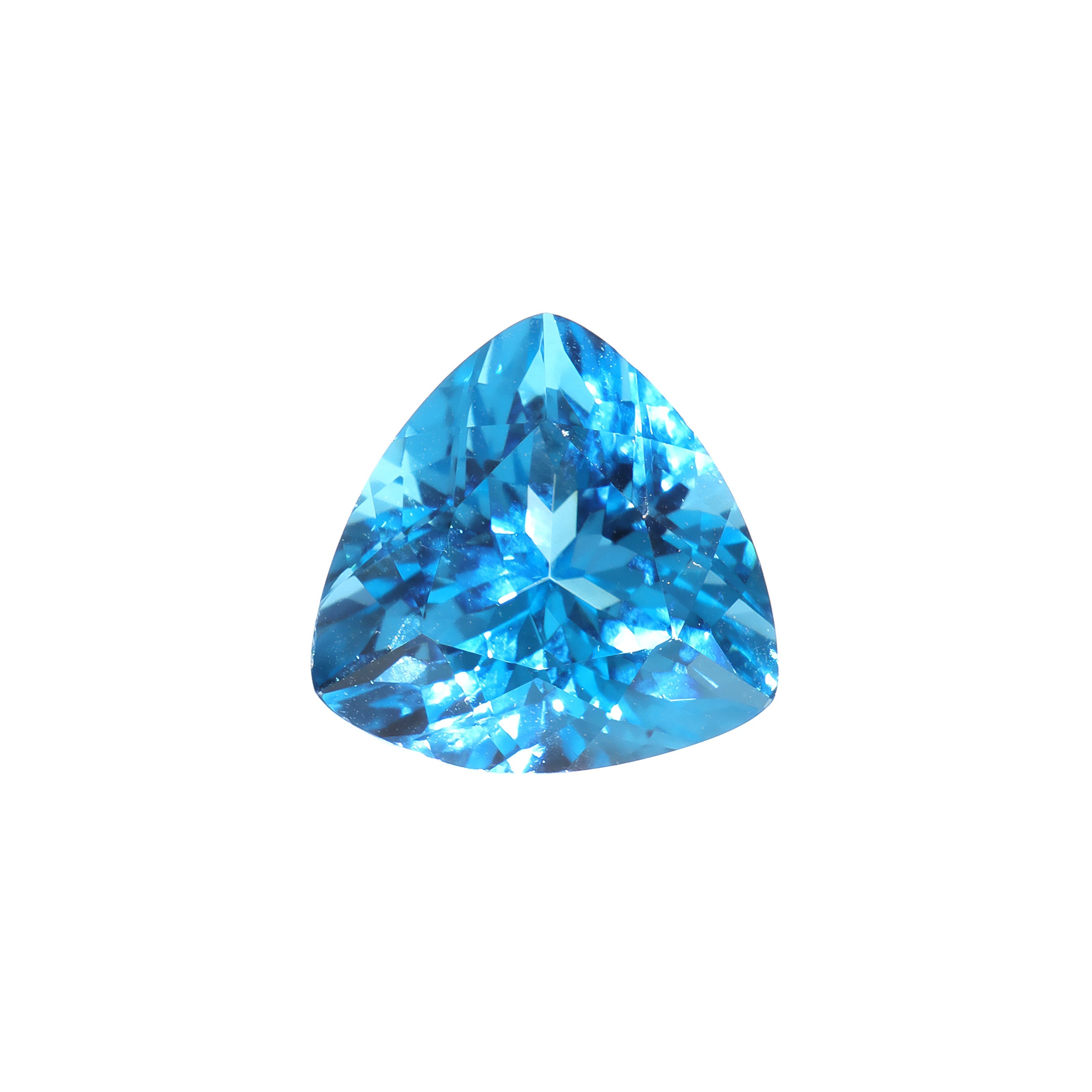 A stunning 12mm trilliant cut Swiss blue topaz gemstone on a white background, featuring a rich, natural blue hue. This beautifully-faceted trillion November birthstone, is ideal for bespoke jewellery design, or as a gift to those with a November birthday.