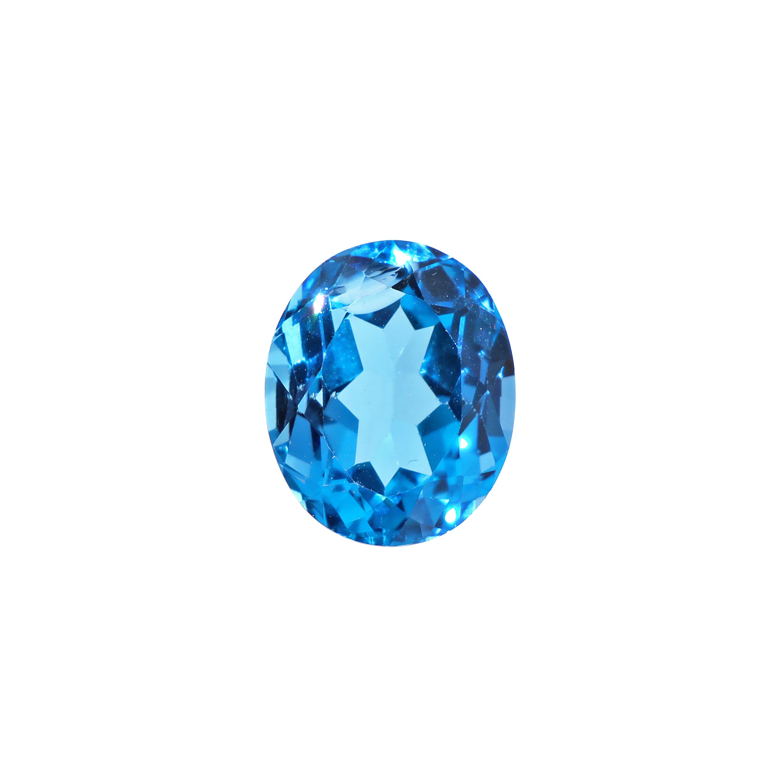 A stunning 11x9mm Oval cut Swiss blue topaz gemstone on a white background, featuring a rich, natural saturated blue hue. This beautifully-faceted blue topaz oval, also known as the November birthstone, is ideal for bespoke jewellery design, or as a gift to those with a November birthday.