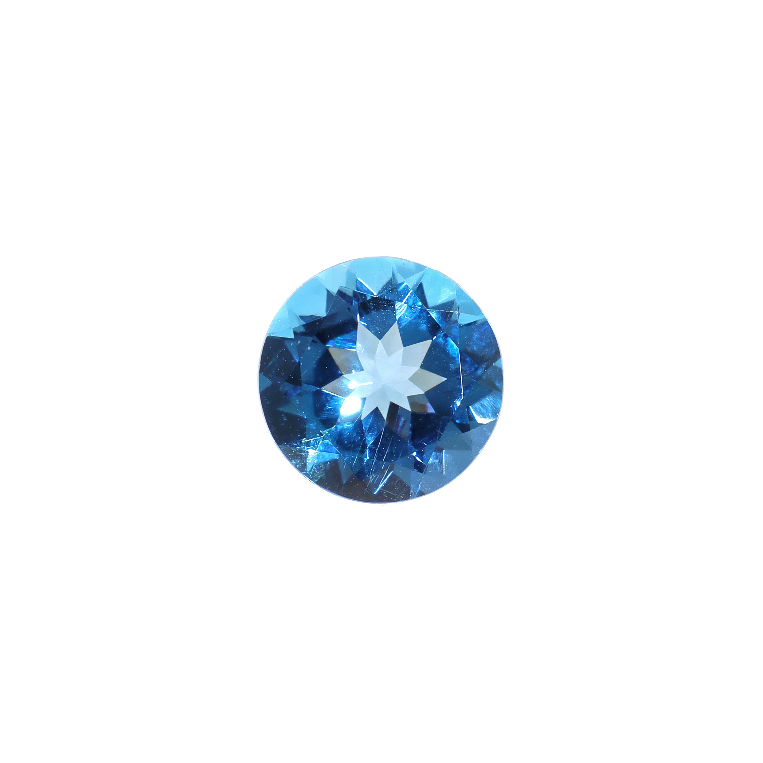A pair of loose cushion-cut Swiss blue topaz gemstones sitting on a white background. The stones are elaborately faceted, showing off the vibrant blue colouring and fire throughout. The stones would be perfect for use in a bespoke custom-designed pair of earrings, or as a November birthstone pendant and ring set gift.