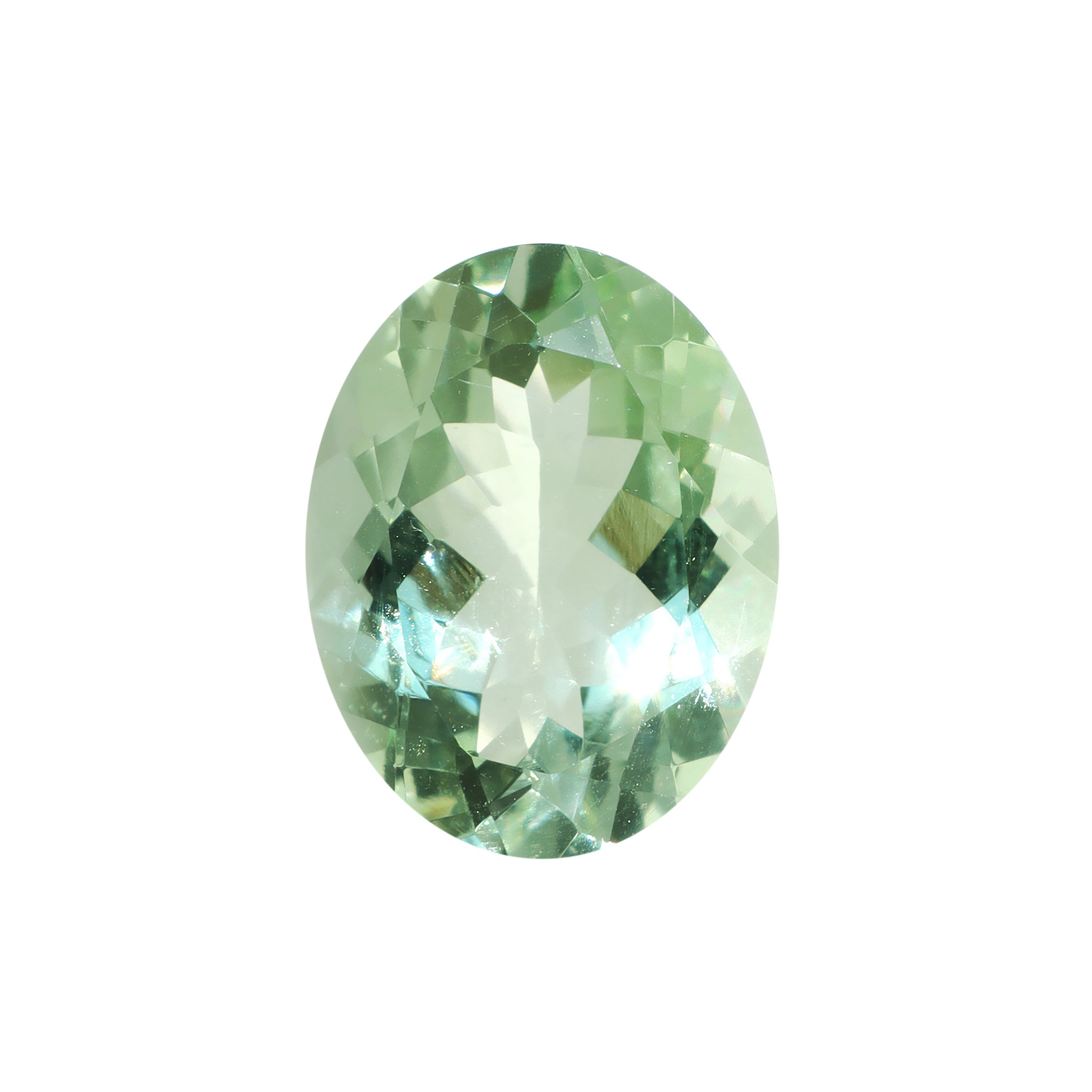 A loose 16x12mm oval green amethyst on a white background. This brilliant, pastel mint green amethyst, February's birthstone, is perfect for creating custom fine jewellery: including engagement rings, cocktail rings, or a striking birthstone pendant for a loved one born in February. The size is large, but small enough for use in everyday wearable jewellery - and is not limited to statement designs.