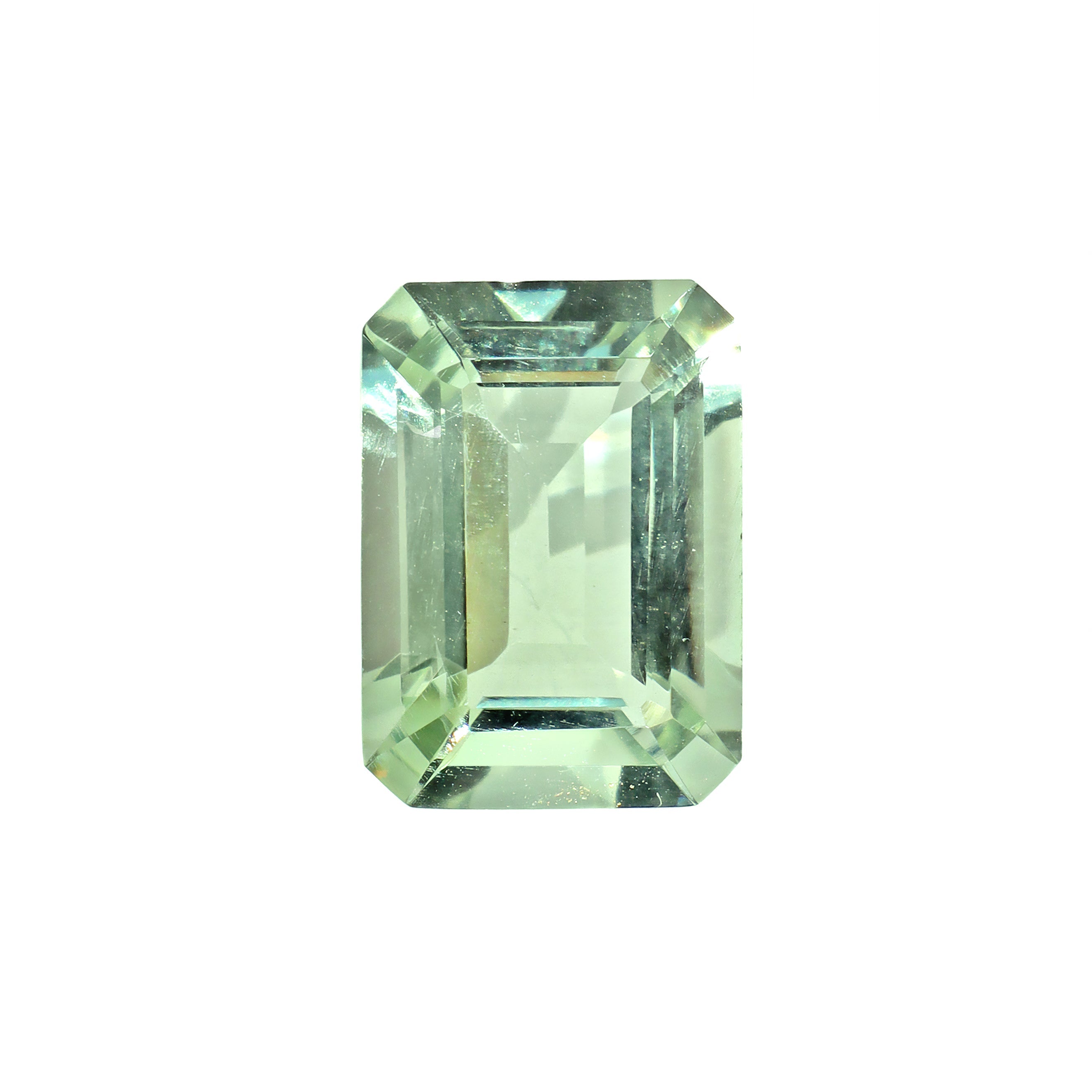 A loose 14x10mm emerald / octagonal green amethyst on a white background. This brilliant, pastel mint green amethyst, February's birthstone, is perfect for creating custom fine jewellery: including engagement rings, cocktail rings, or a striking birthstone pendant for a loved one born in February. The size is large, but small enough for use in everyday wearable jewellery - and is not limited to statement designs.