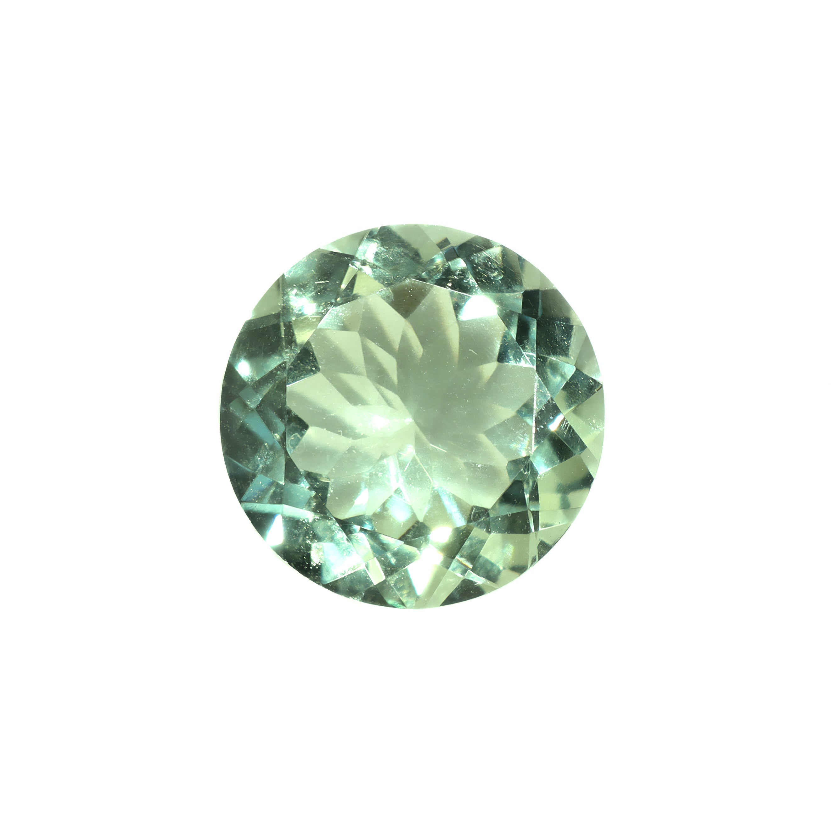 A loose 14mm round green amethyst on a white background. This brilliant, pastel mint green amethyst, February's birthstone, is perfect for creating custom fine jewellery: including engagement rings, cocktail rings, or a striking birthstone pendant for a loved one born in February. The size is large, but small enough for use in everyday wearable jewellery - and is not limited to statement designs.
