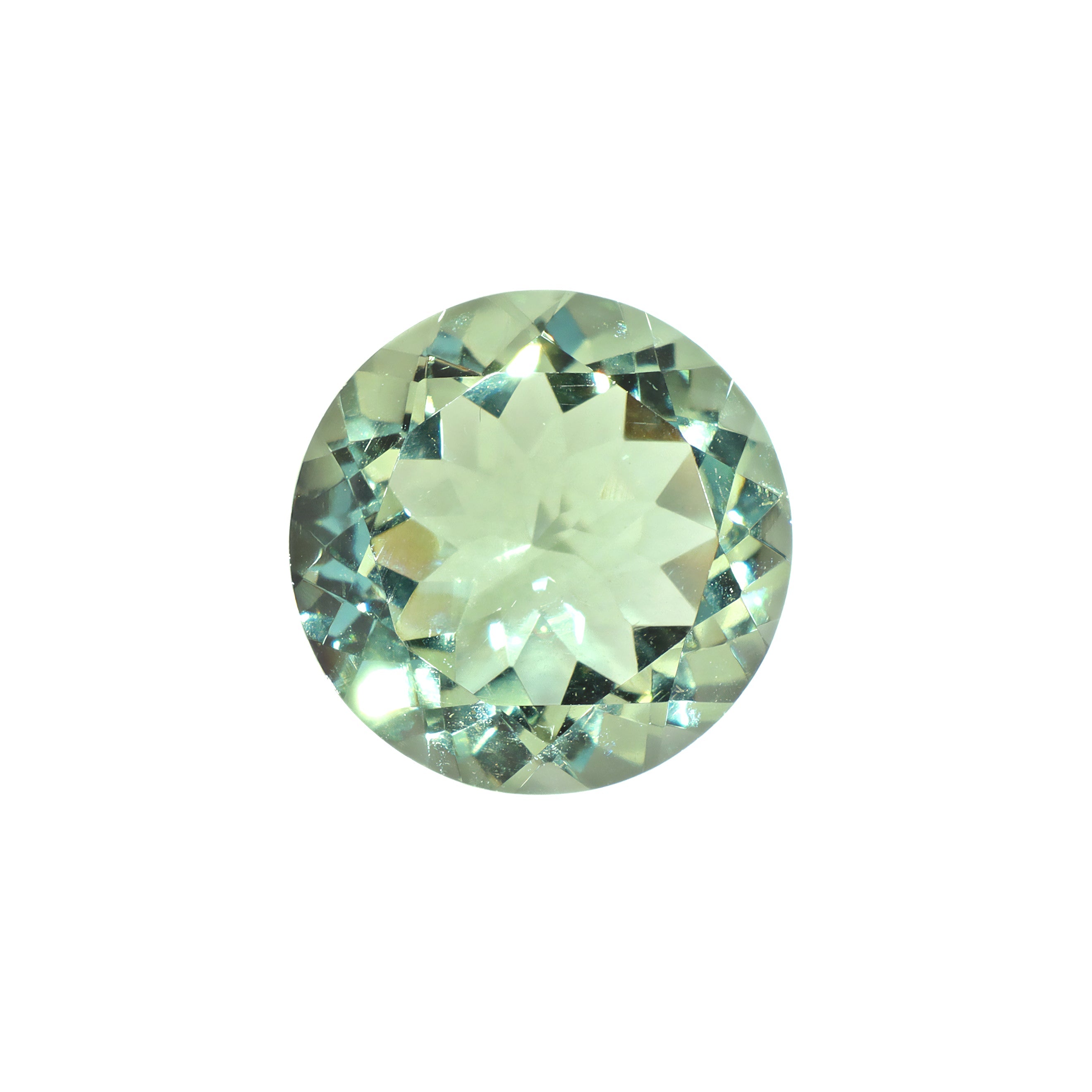 A loose 14mm round green amethyst on a white background. This brilliant, pastel mint green amethyst, February's birthstone, is perfect for creating custom fine jewellery: including engagement rings, cocktail rings, or a striking birthstone pendant for a loved one born in February. The size is large, but small enough for use in everyday wearable jewellery - and is not limited to statement designs.