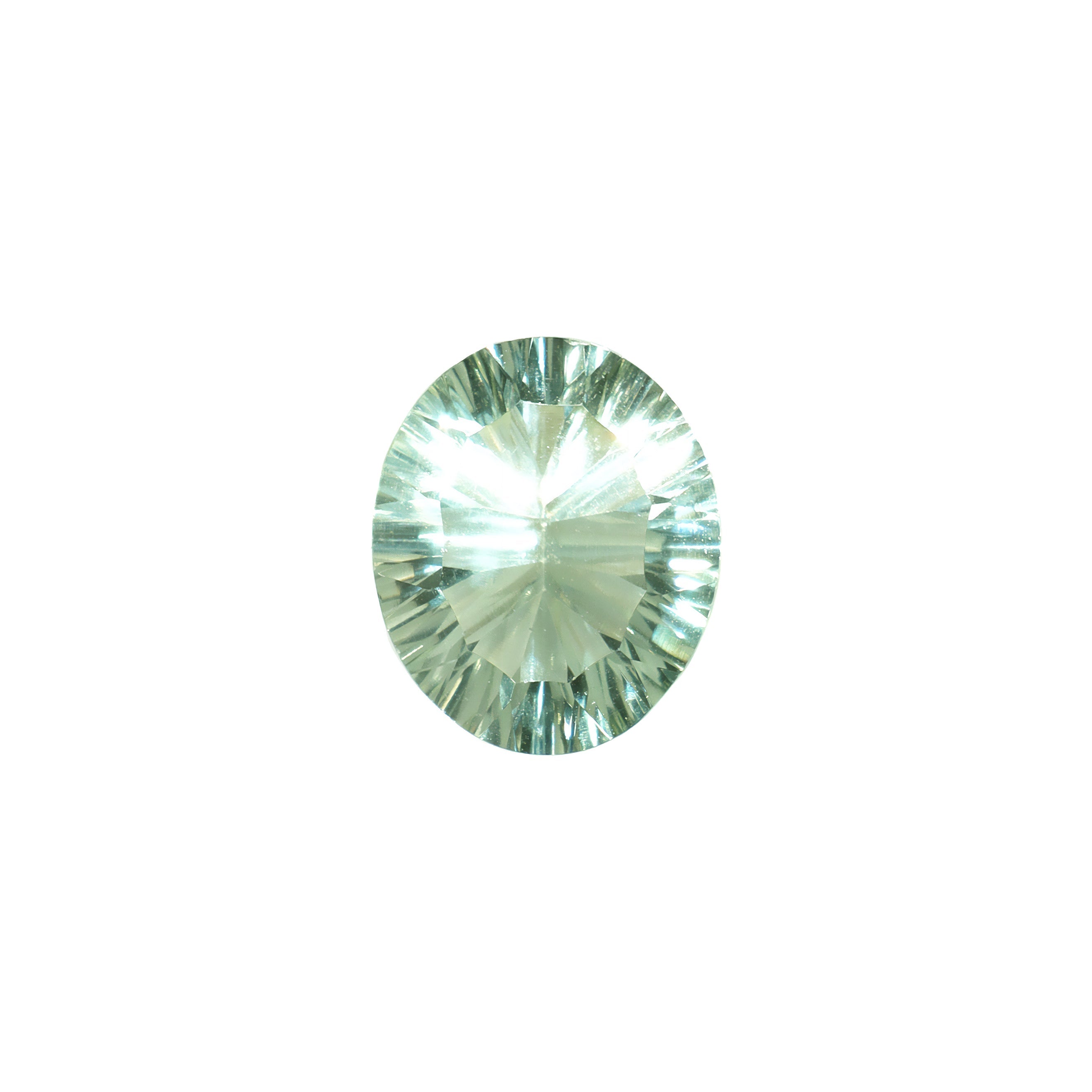A loose 12x9mm oval green amethyst on a white background. This brilliant, pastel mint green amethyst, February's birthstone, is perfect for creating custom fine jewellery: including engagement rings, cocktail rings, or a striking birthstone pendant for a loved one born in February.