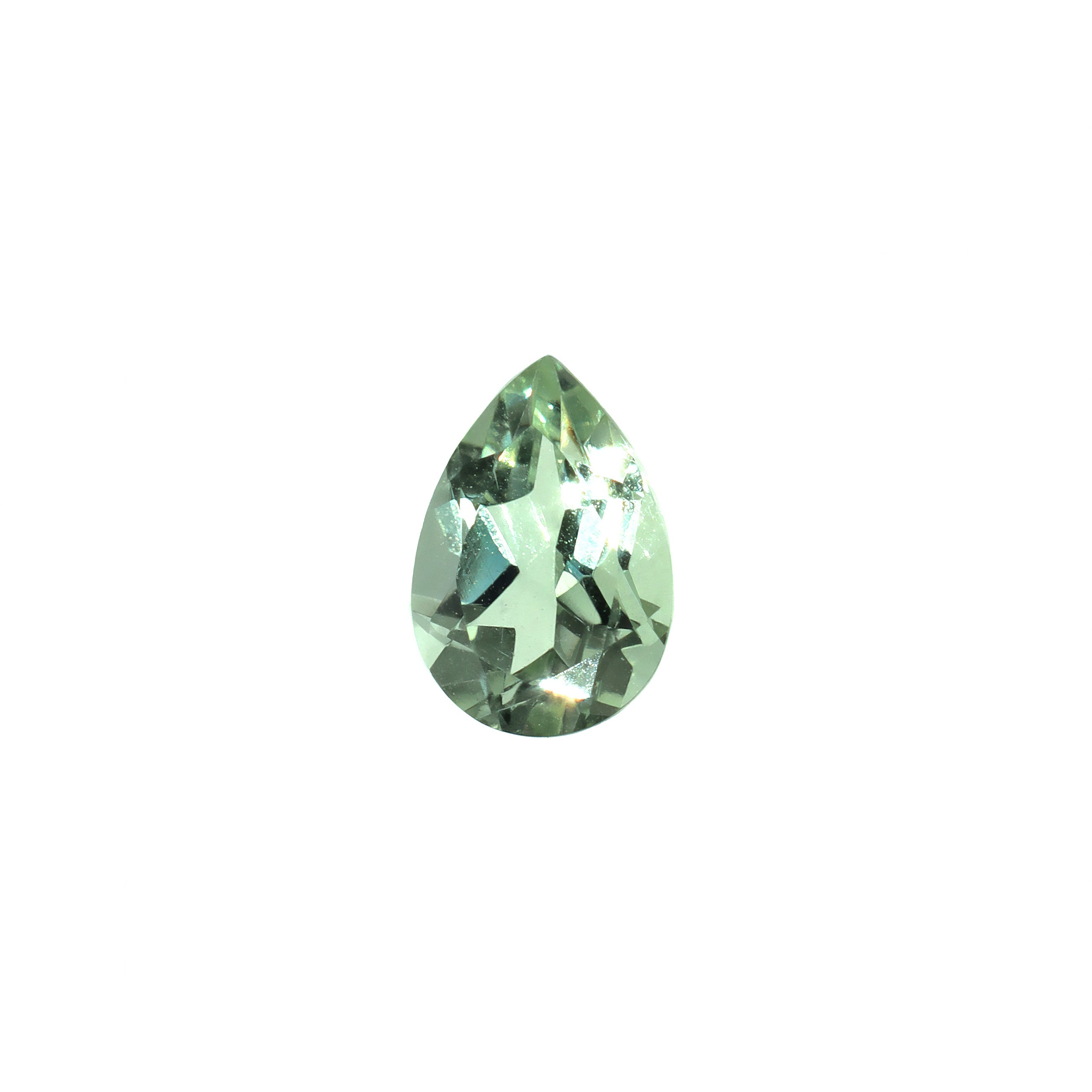 A stunning 10x7mm pear cut pale green amethyst gemstone on a white background, featuring a light, pastel mint-green hue. This beautifully-faceted amethyst pear, also known as the February birthstone, is ideal for bespoke jewellery design, or as a gift to those with a February birthday.