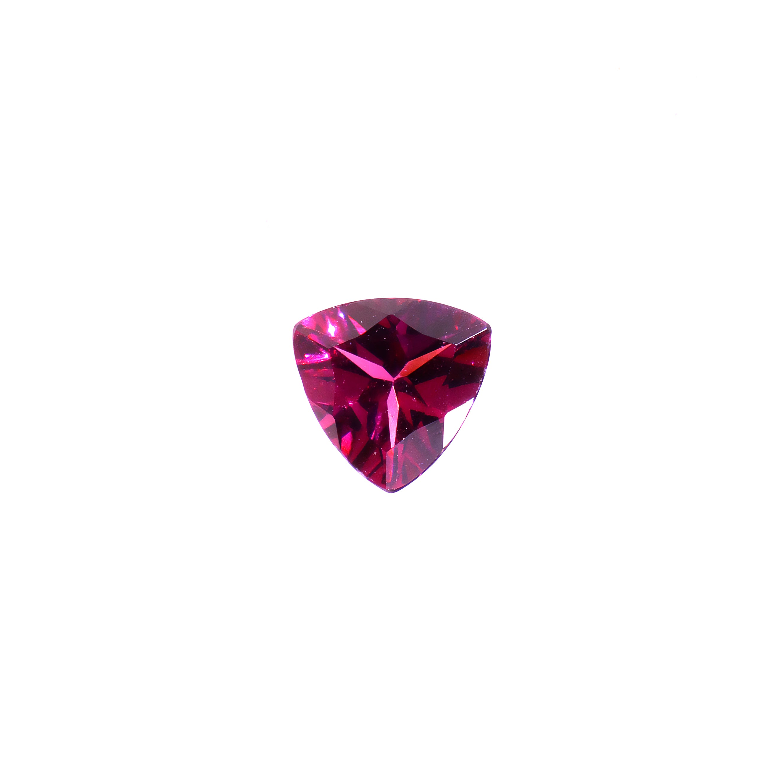 A loose 8mm trilliant deeply-coloured grape garnet gemstone on a white background. This large, brilliantly cut natural grape garnet displays a vibrant warm purple, winelike hue, perfect for use in bespoke luxury jewellery designs. An excellent choice for a January birthstone pendant, or as an addition to one's personal gemstone collection.