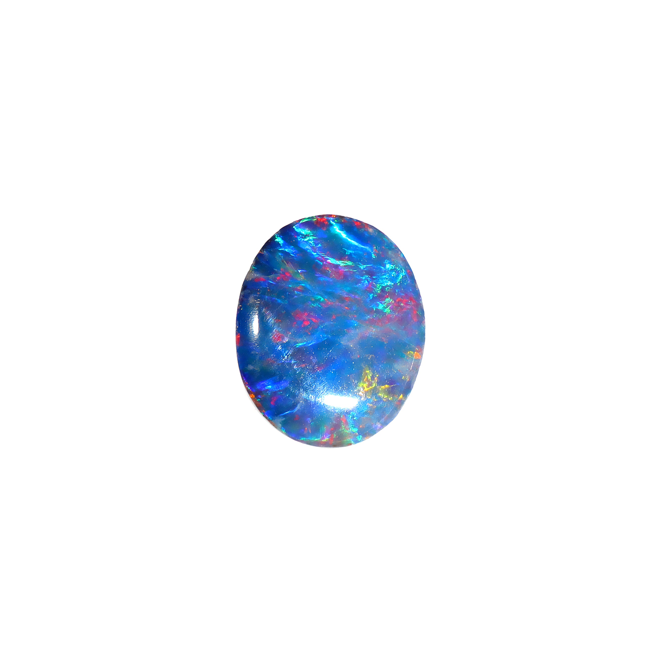 A product photo featuring a 10x8mm oval opal doublet on a white background. The gem displays a vibrant play-of-colour with flashes of green, red and blue against a dark base. Its substantial size makes it a perfect centre stone for a bespoke solitaire ring or statement pendant. A practical and high-impact October birthstone for custom jewellery designs.