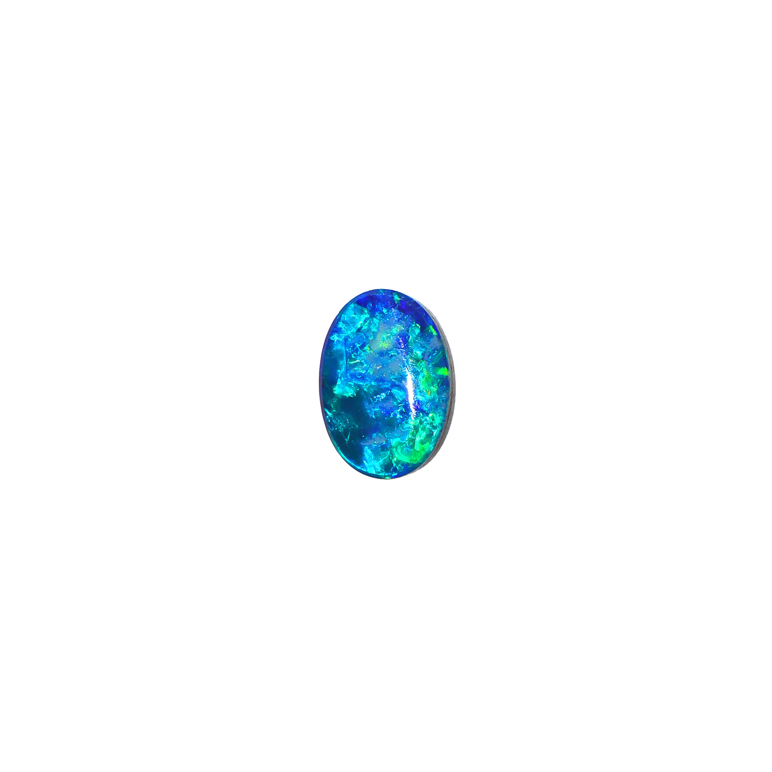 A product photo featuring a 7x5mm oval opal doublet on a white background. The stone shows a brilliant play-of-colour with distinct flashes of green and blue. Ideally suited for a delicate bespoke ring, a necklace charm or a dainty custom pendant. A beautiful and affordable October birthstone choice for elegant jewellery.