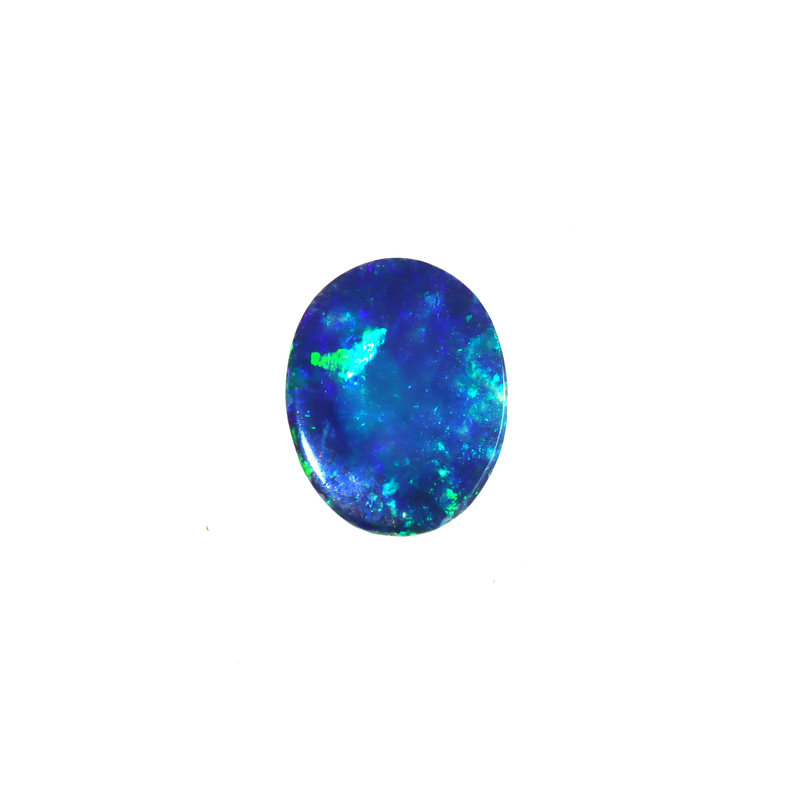 A product photo featuring a 10x8mm oval opal doublet on a white background. The gem displays a vibrant play-of-colour with flashes of green, red and blue against a dark base. Its substantial size makes it a perfect centre stone for a bespoke solitaire ring or statement pendant. A practical and high-impact October birthstone for custom jewellery designs.
