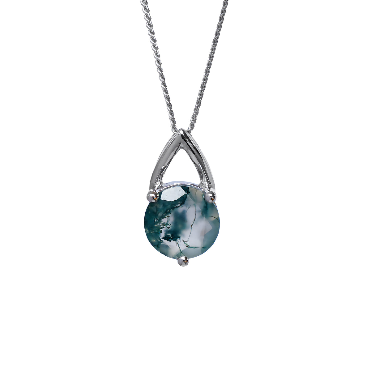 A product photo of a sleek silver pendant necklace with an 8mm round moss agate gemstone against a white background. The vibrant, translucent green stone is securely held by three delicate silver prongs beneath an elegant, polished teardrop-shaped bail. The pendant hangs from a fine silver curb chain.