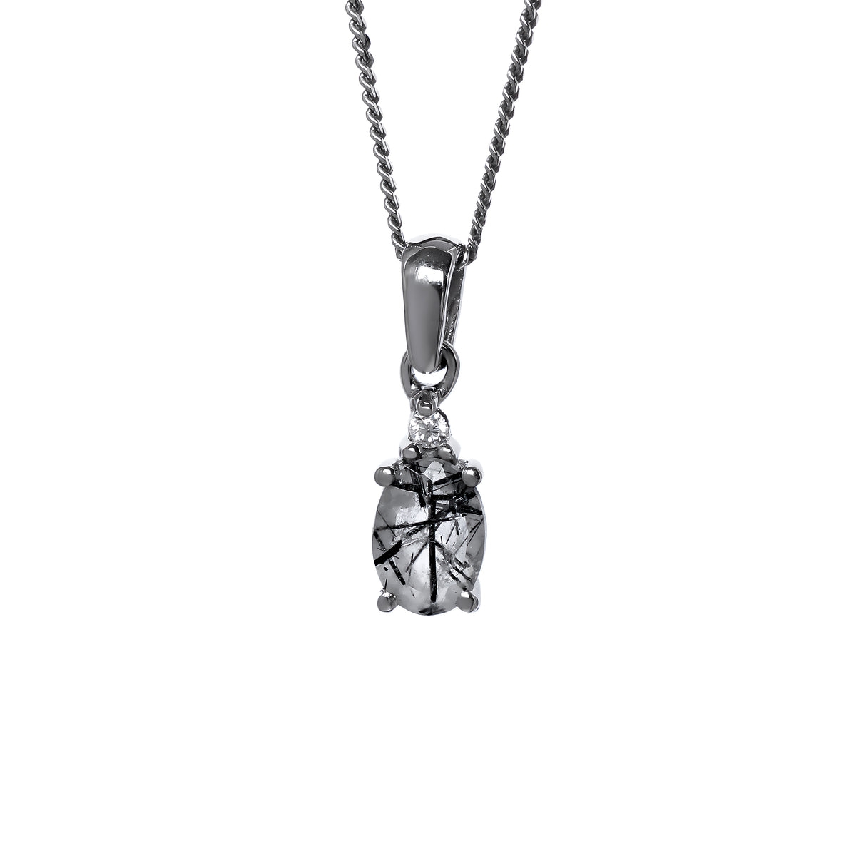 A product photo of a sterling silver tourmalated quartz and moissanite necklace sitting against a white background. The beautifully unique tourmalated quartz stone is held in place by 4 pairs of claws at its top and bottom, with a single white moissanites connecting the stone to the rest of the pendant. It is suspended by a simple sterling silver chain.