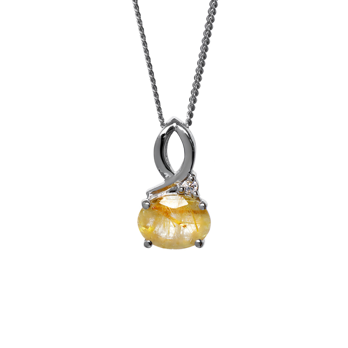 A product photo of a silver golden rutilated quartz and moissanite necklace suspended against a white background. The golden rutilated quartz is horizontally-oriented and held in place by 4 silver claws, connecting the gemstone to its unique bail, consisting of looping silver detailing and a single tiny moissanite detail where one loop intersects.