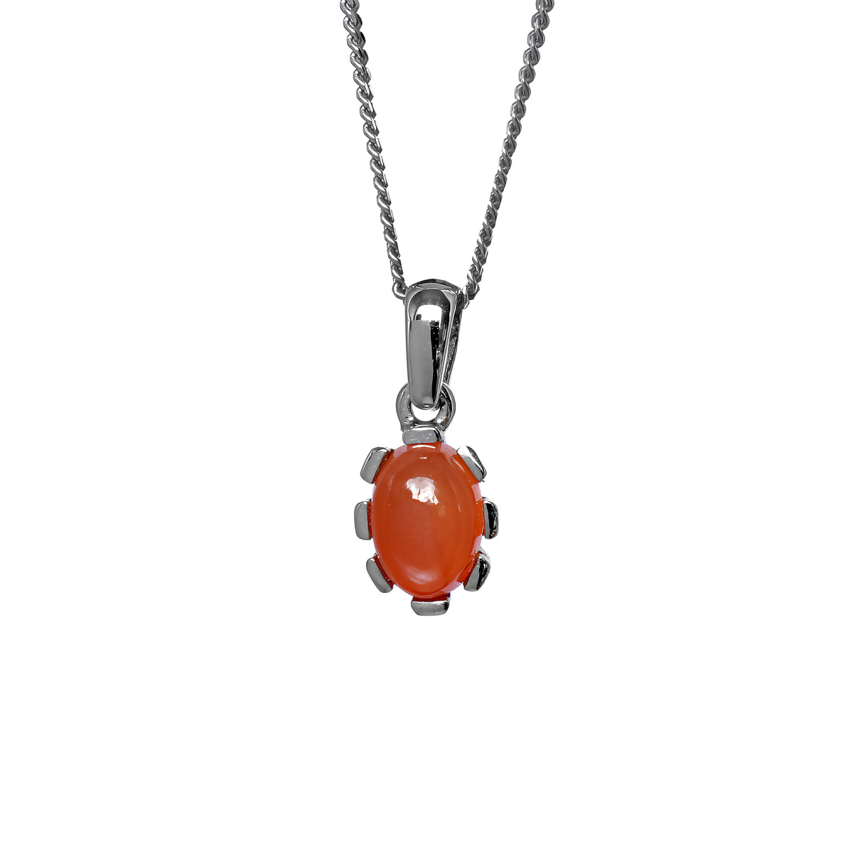 A product photo of a orange cabochon moonstone set in solid sterling silver suspended by a silver chain over a white background. The smooth cabochon moonstone is framed by flowery sterling silver detailing.