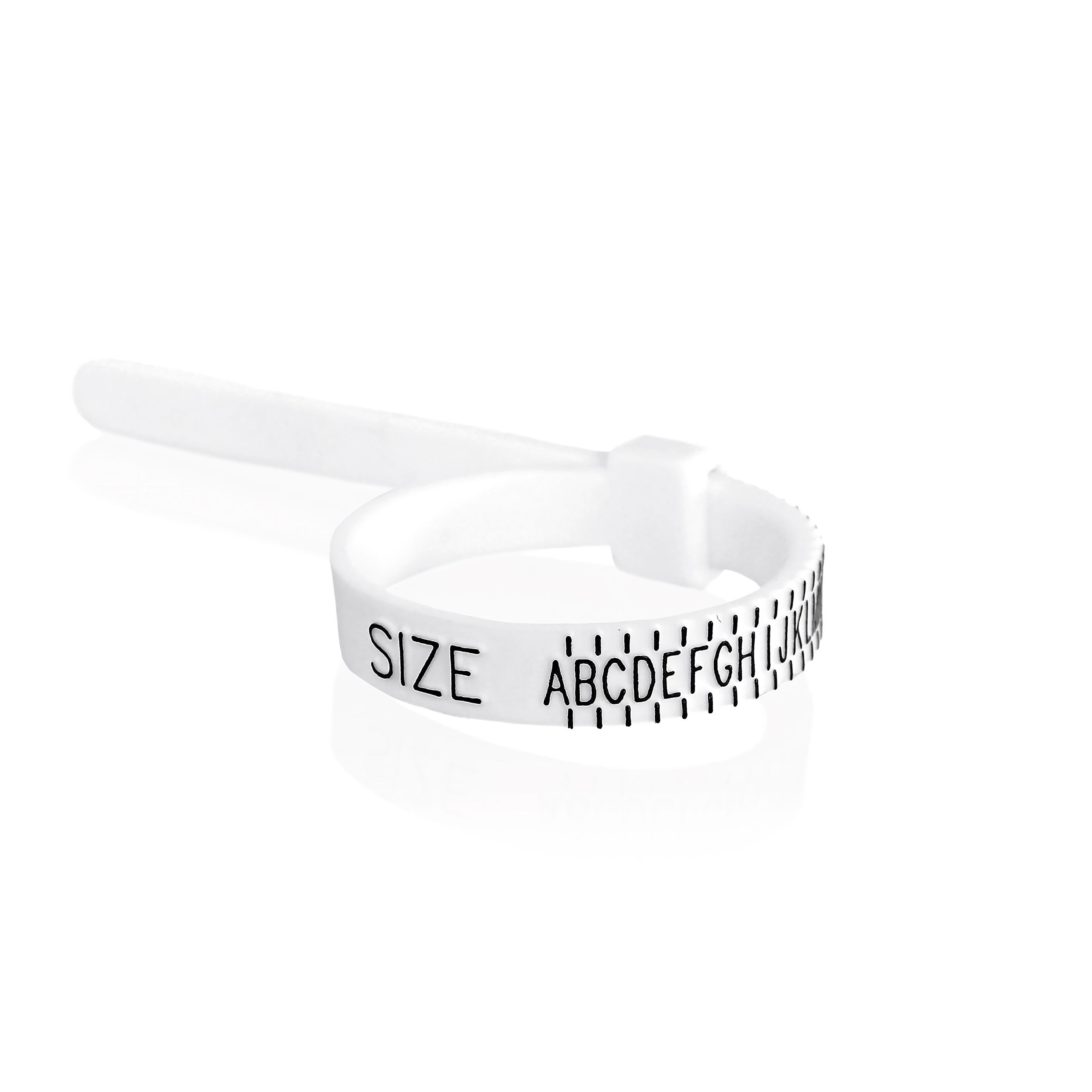 A product photo of a reusable white plastic at-home ring-sizer tool. It features an adjustable belt design with black lettering and increments for precise finger measurement, ensuring a perfect fit for engagement rings and wedding bands on a plain white background.
