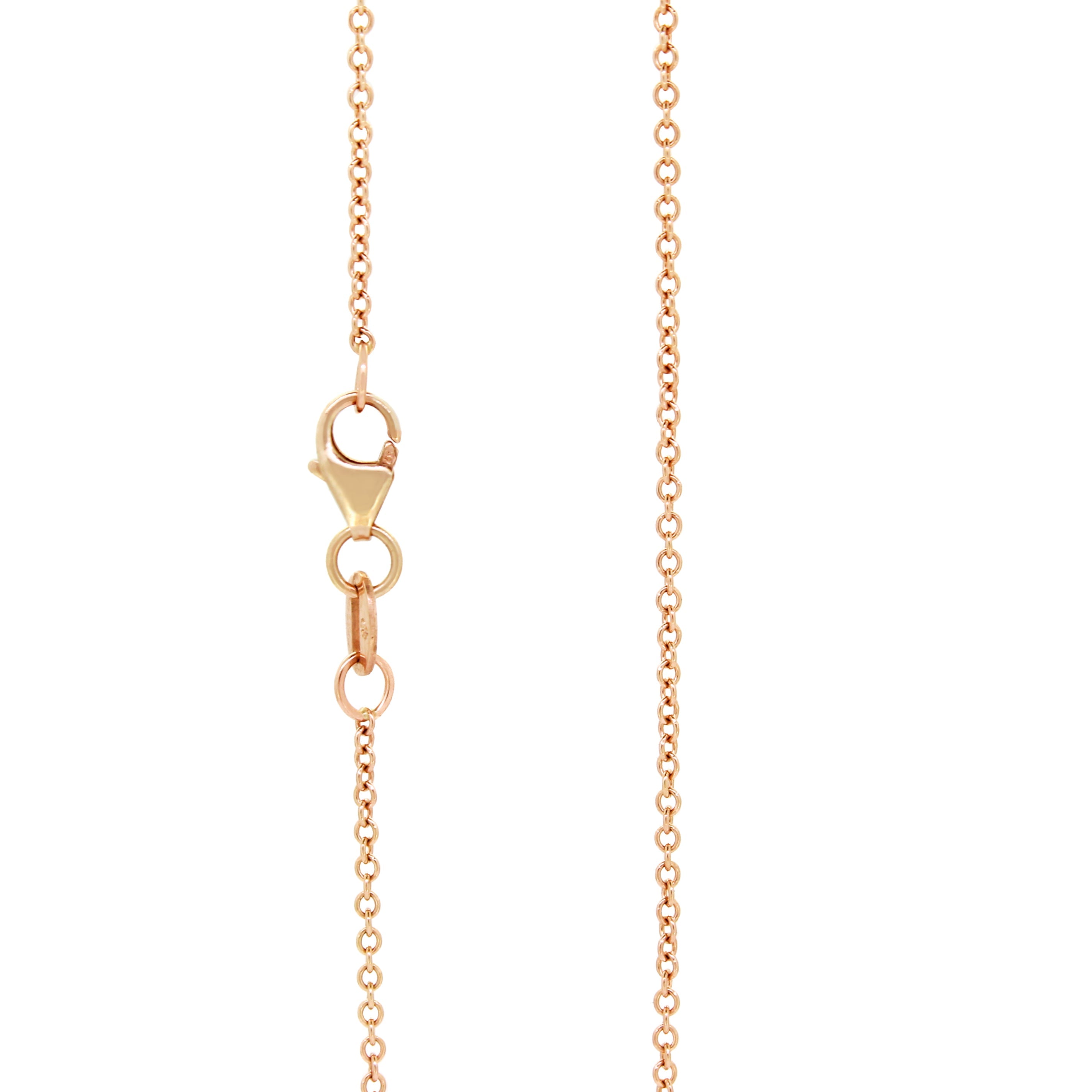 A product photo of a 9k rose gold chain for a pendant on a blank white background. The chain has classic, 30 gauge ovoid-shaped rolo links.
