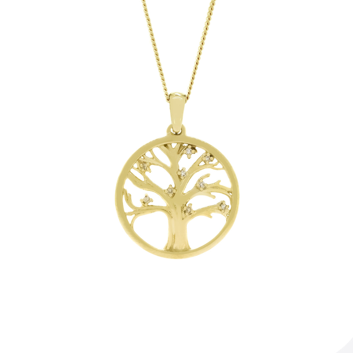 A product photo of a gold tree of life pendant bearing diamond fruits, set in solid 9ct yellow gold, suspended against a white background by a golden chain. The design is detailed and highly intricate for its delicate size, consisting of multiple bows and branches reaching out from the trunk of the tree to the circular frame of gold that contains it, with tiny white diamonds dotted along the most delicate of branches - to a total of 9.