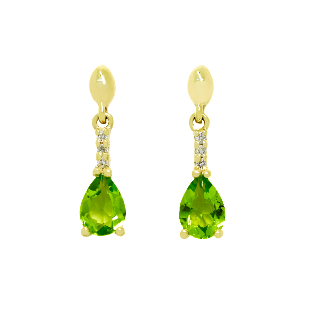 A product photo of 7x5mm Pear Peridot & Diamond Earrings in 9ct Yellow Gold sitting on a plain white background. A golden strip connects the peridots to the studs, each strip adorned with 3 diamonds each. The peridots reflect light green hues across their multi-faceted edges.