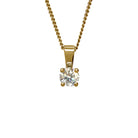 A product photo of a simple and elegant moissanite pendant in yellow gold hanging from a delicate yellow gold chain on a clear white background. The 3.5mm round-cut moissanite reflects multi-coloured light, and is held in place by 4 slim claws.