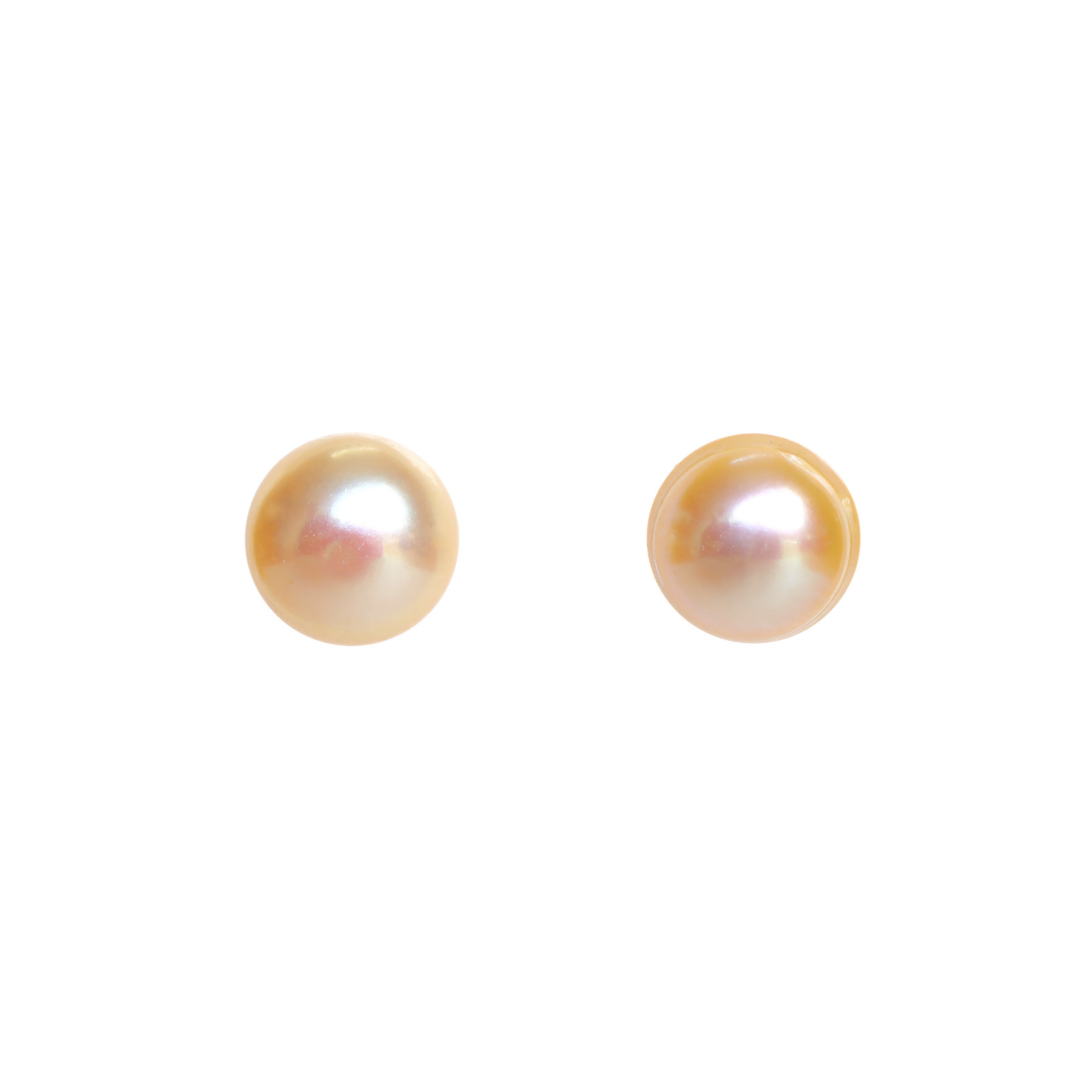 A product photo of simple peach-coloured pearl yellow gold earring studs on a white background.