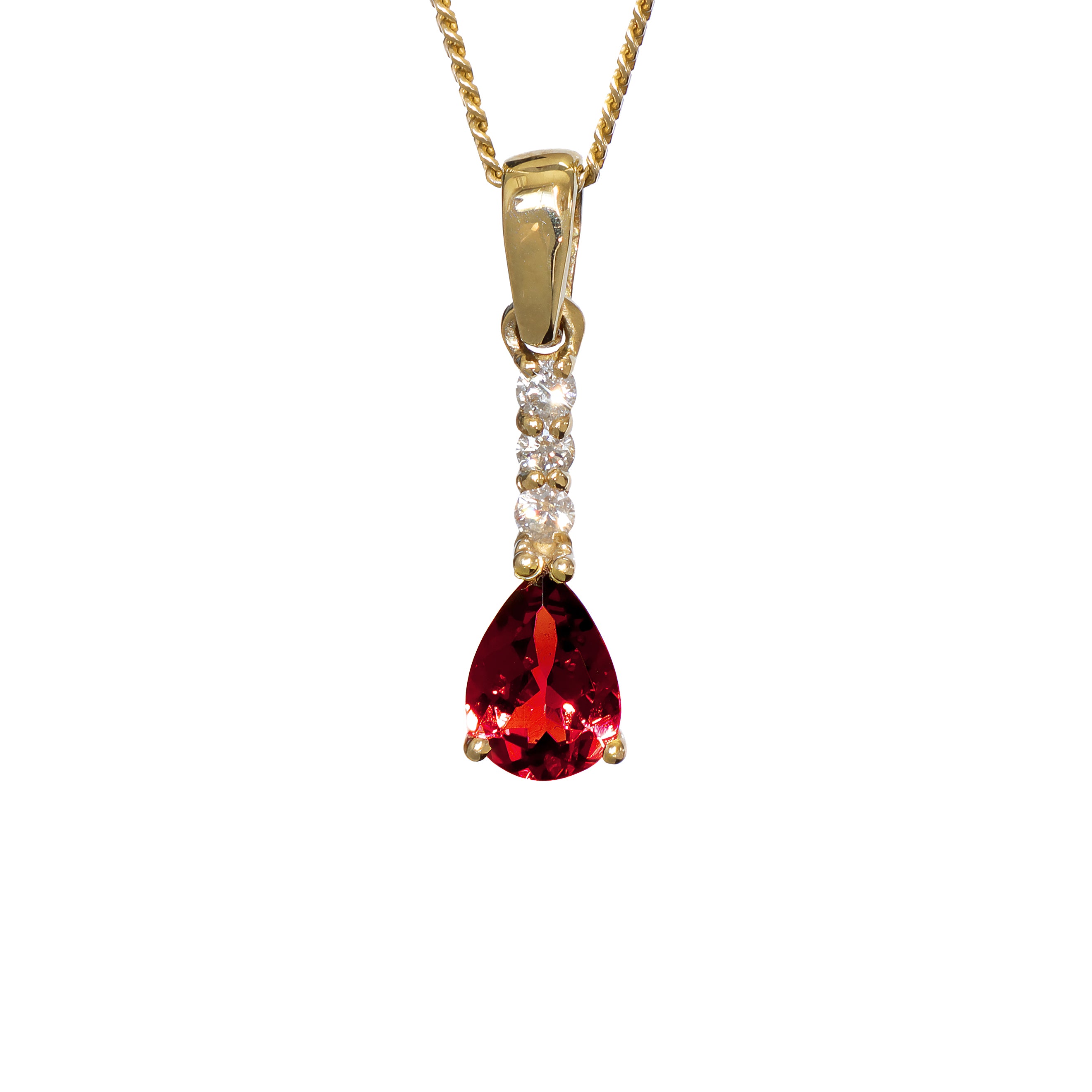 A product photo of a 7x5mm Pear Garnet & Diamond Earrings in 9k Yellow Gold suspended against a white background. A golden strip connects the garnet to the stud, adorned with 3 diamonds. It is suspended by a simple gold chain. The garnet reflects sanguine hues across its multi-faceted edges.