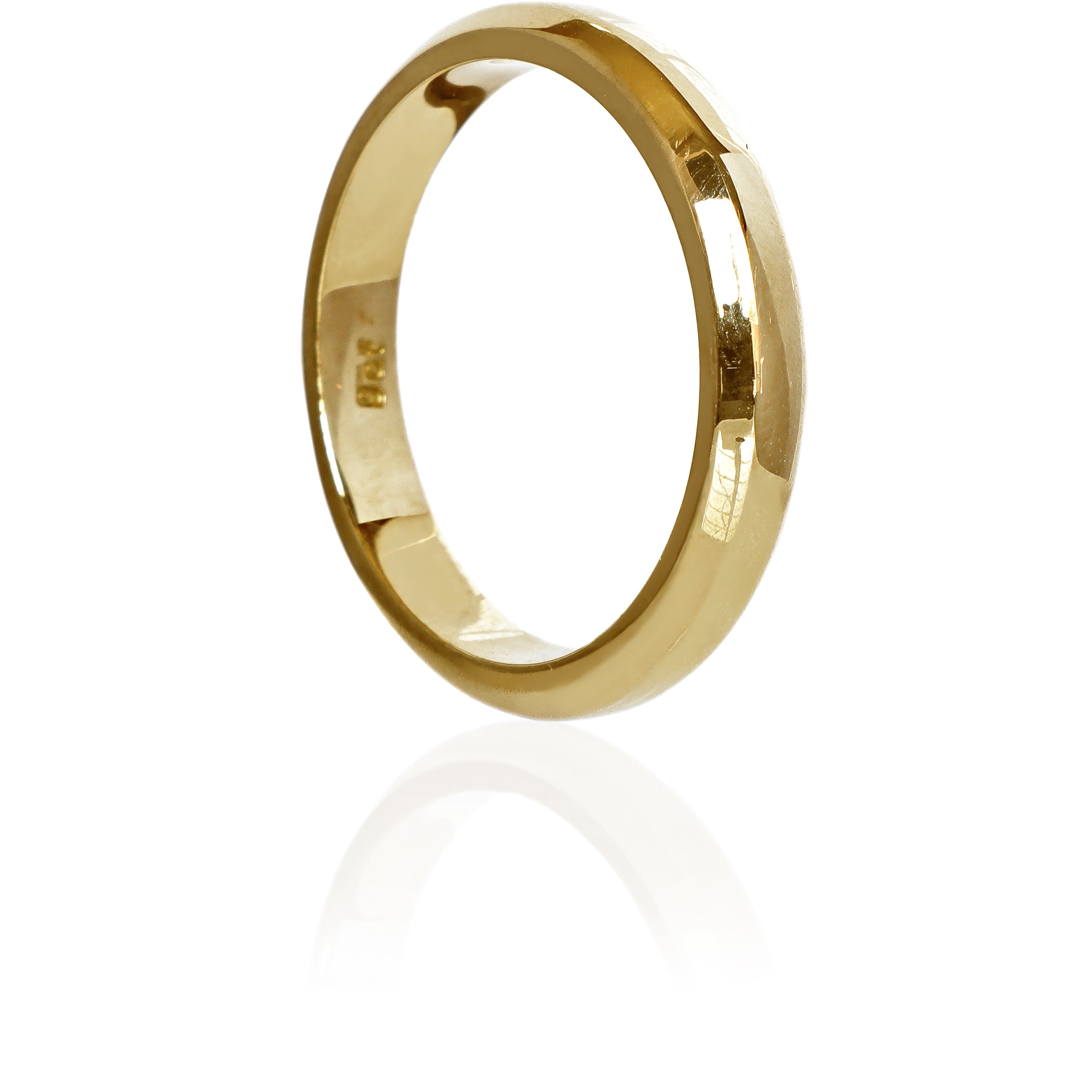 A product photo of a mens' ring made of 9k yellow gold. The band is softly rounded in a D shape.