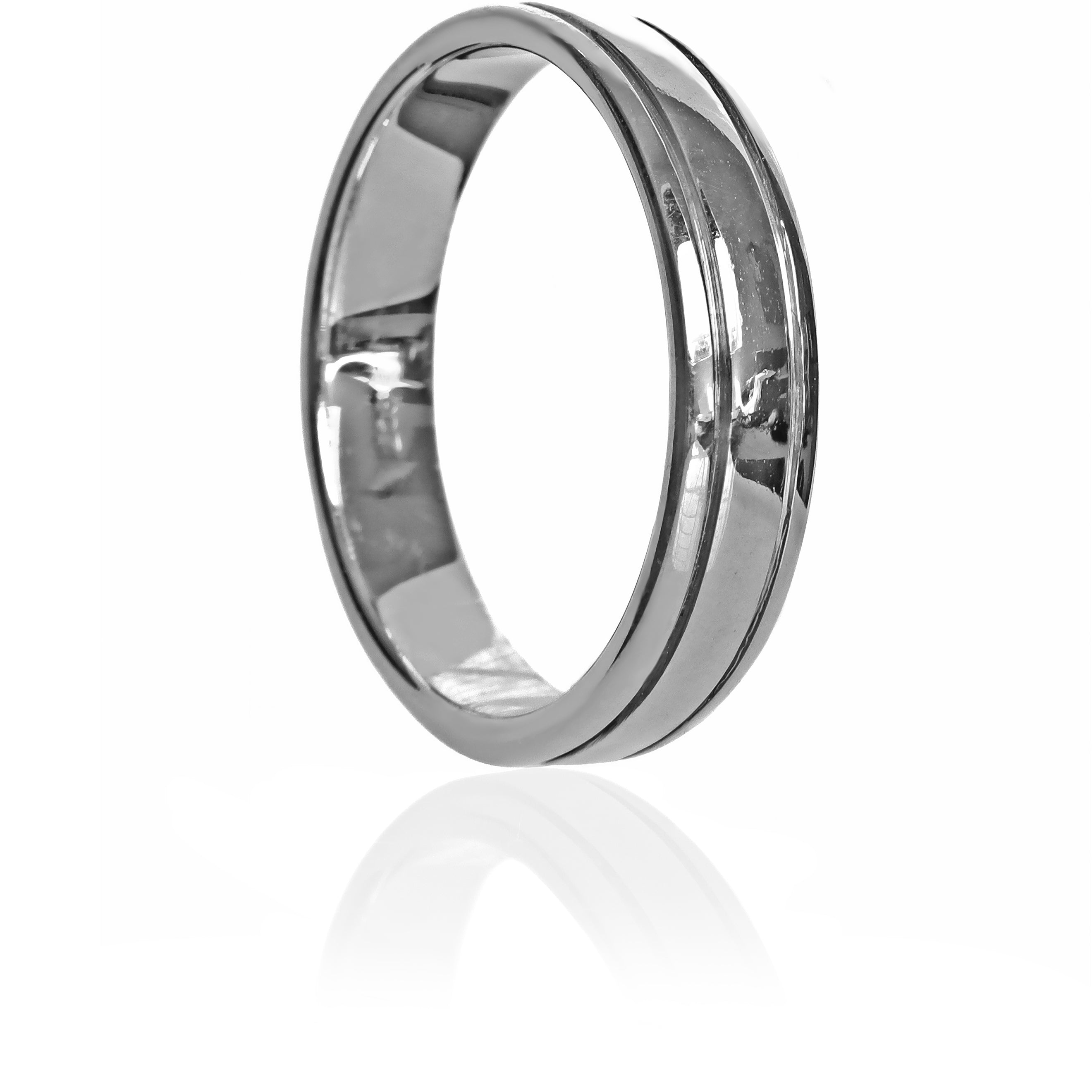 A product photo of a mens' ring made of 9k white gold. The band is 5mm tall and detailed with two polished grooves running along its length.