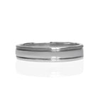 A product photo of a mens' ring made of 9k white gold. The band is 5mm tall and detailed with two polished grooves running along its length.