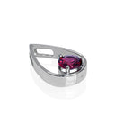 A product photo of a 9k white gold rhodalite pendant supended by a chain against a white background. The pendant's design consists of a solid 9k white gold frame in the shape of a teardrop, with a 6mm round deep purple rhodalite stone sitting at its base, held in place by 3 golden claws.